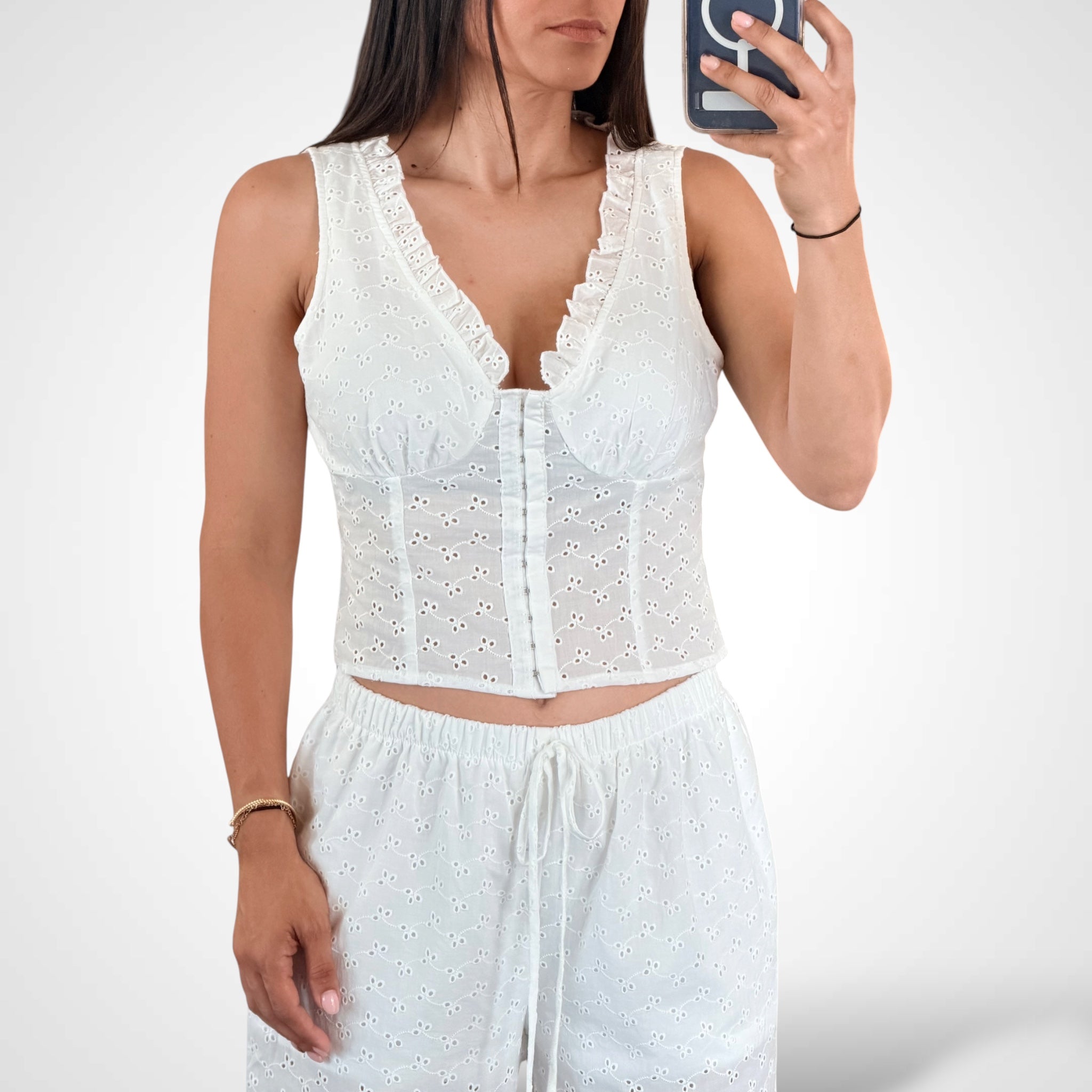 Button Up Top & Elastic Waist Wide Leg Pants Eyelet 2pc Set•-2