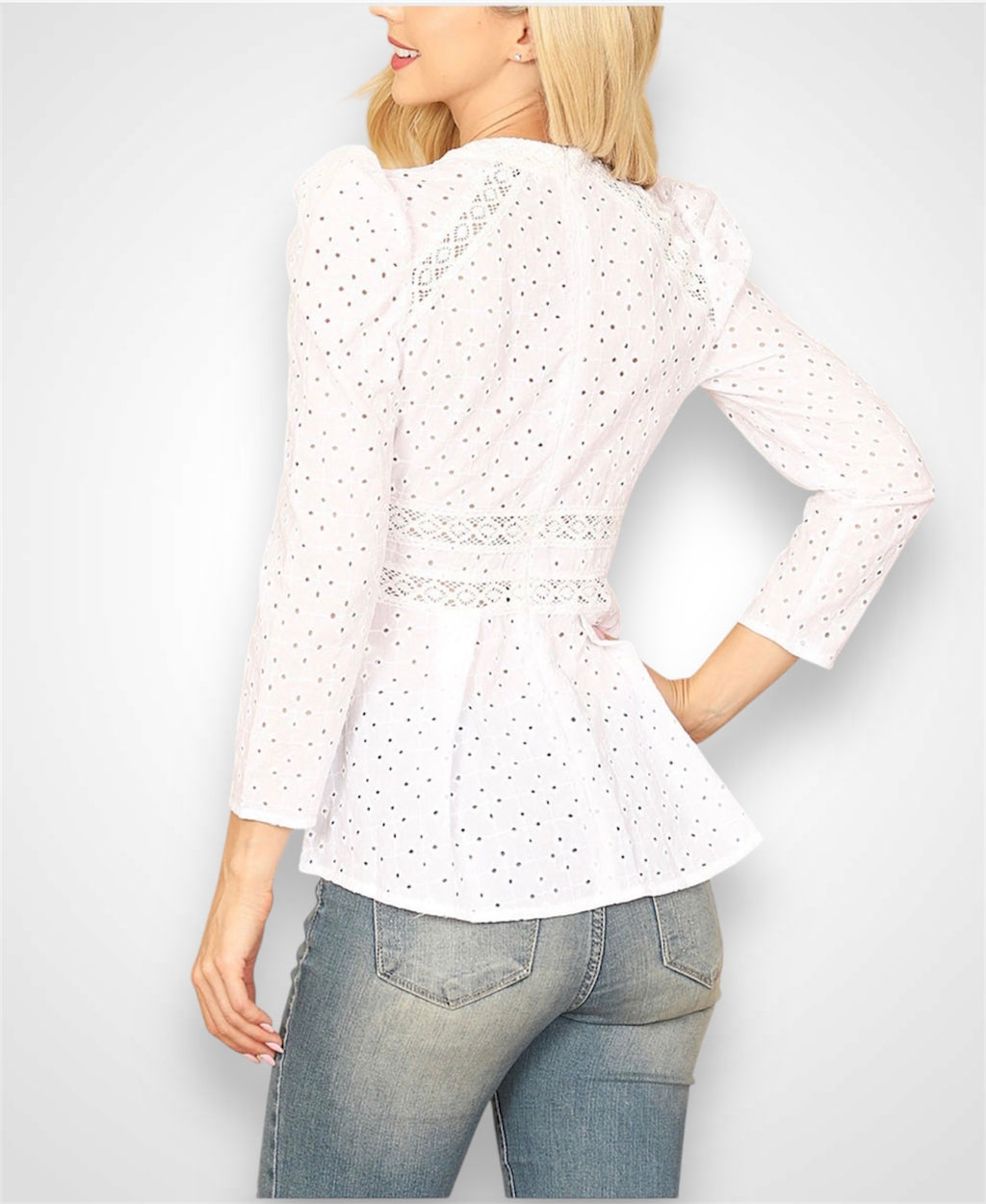 EYELET LONG PUFF SLEEVE TOP