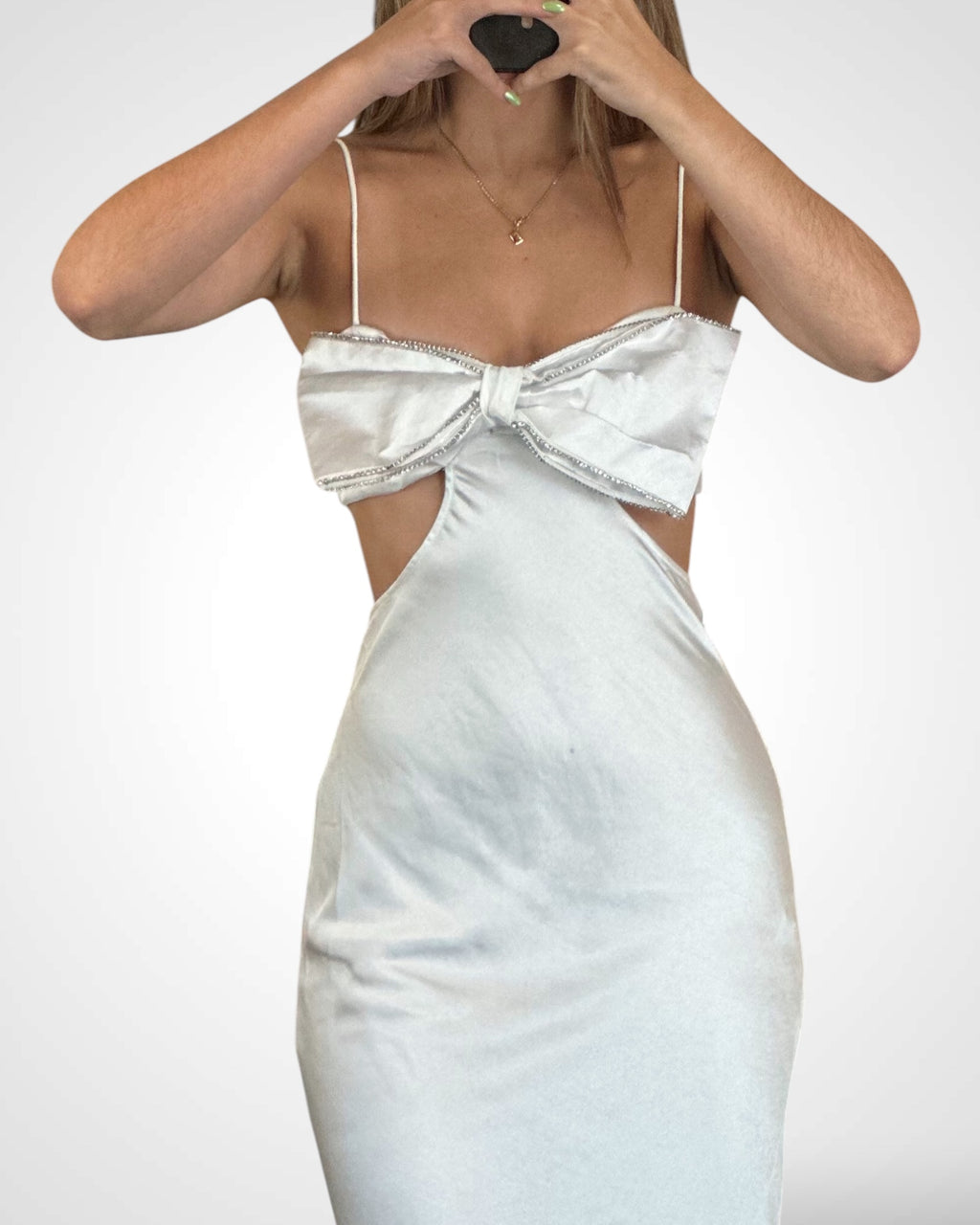 WHITE DIAMANTE BOW CUT OUT MAXI DRESS