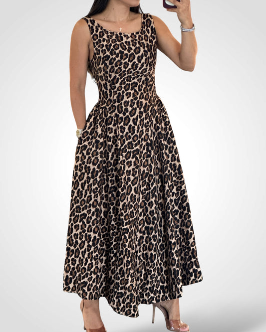 Cheetah Neck Flare Midi Dress