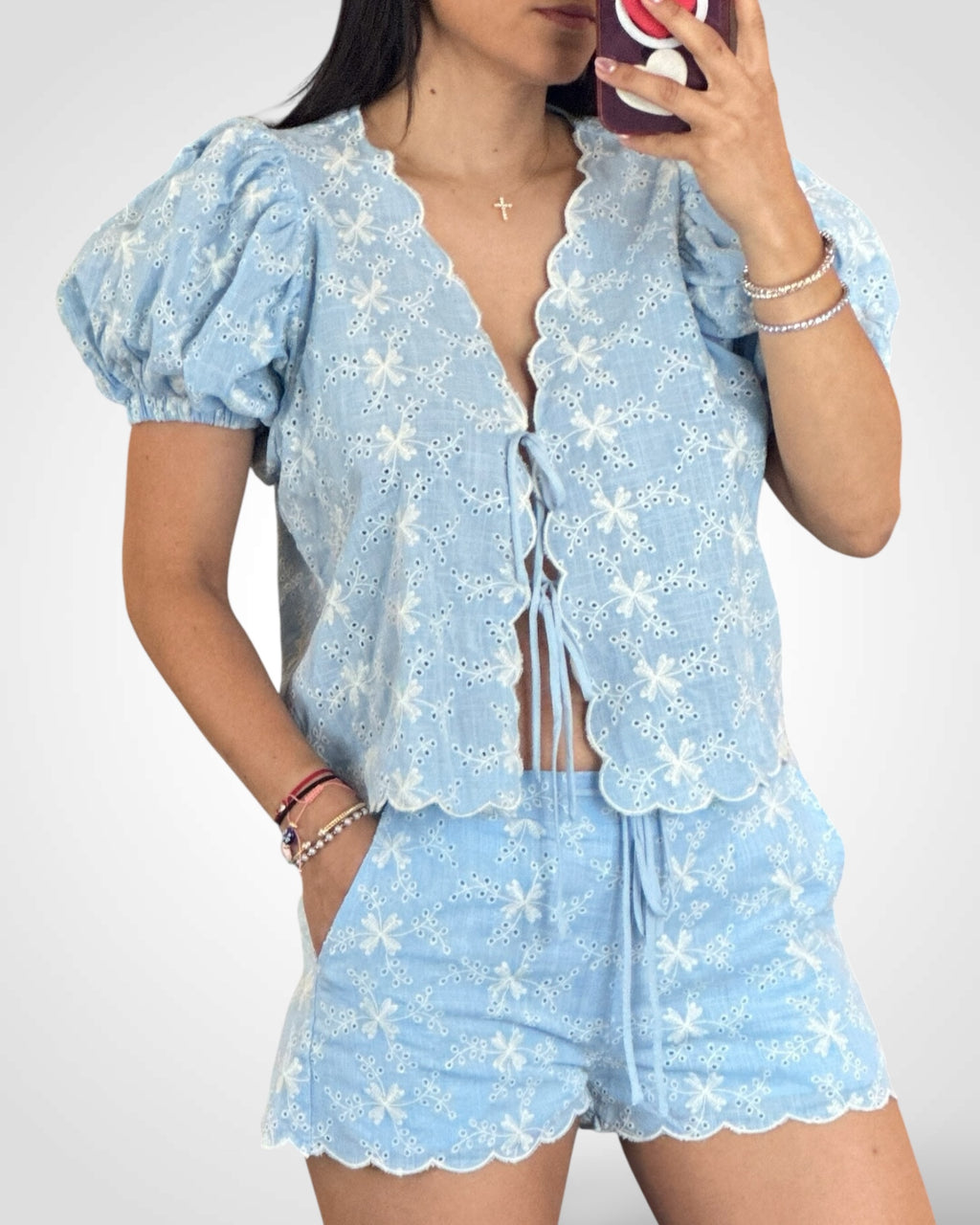 Blue Linen Eyelet Tie Front Top W/ Matching Shorts