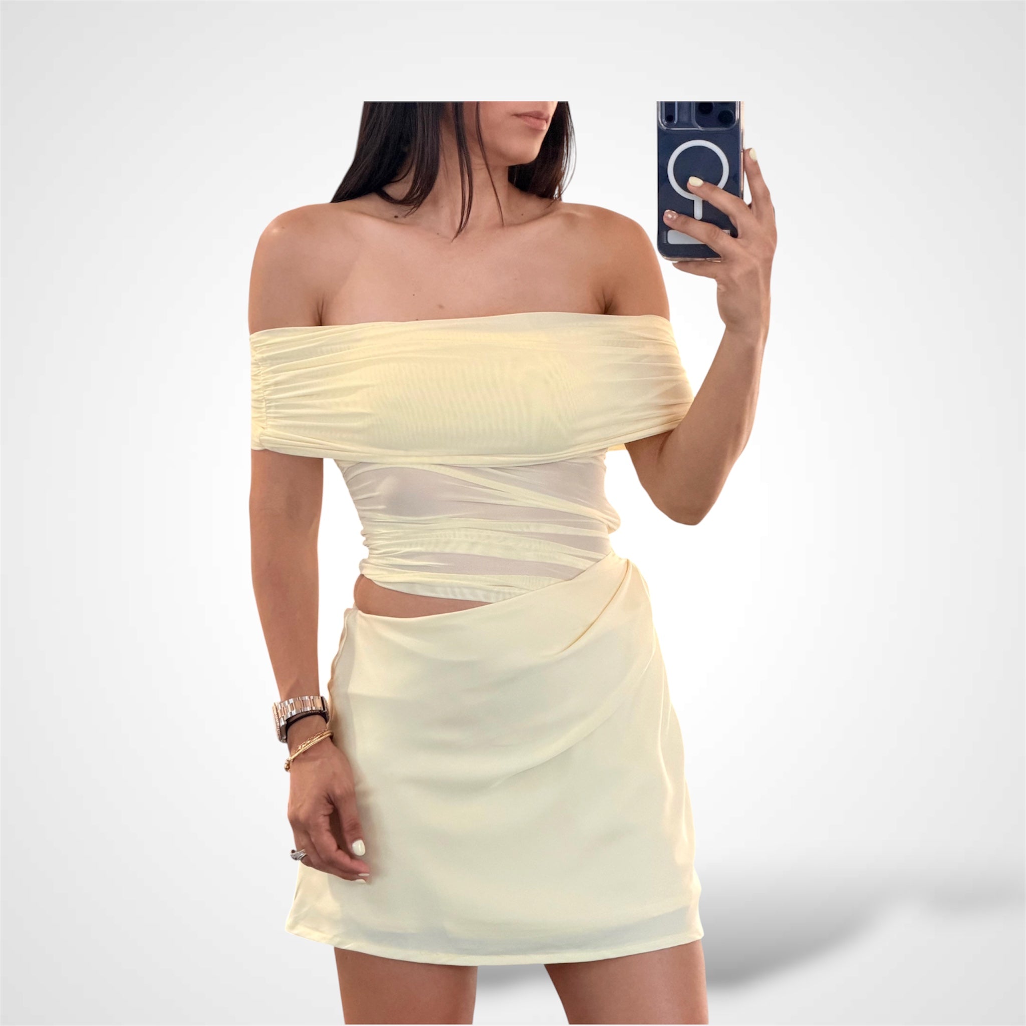 Off Shoulder Butter Mini Dress-2