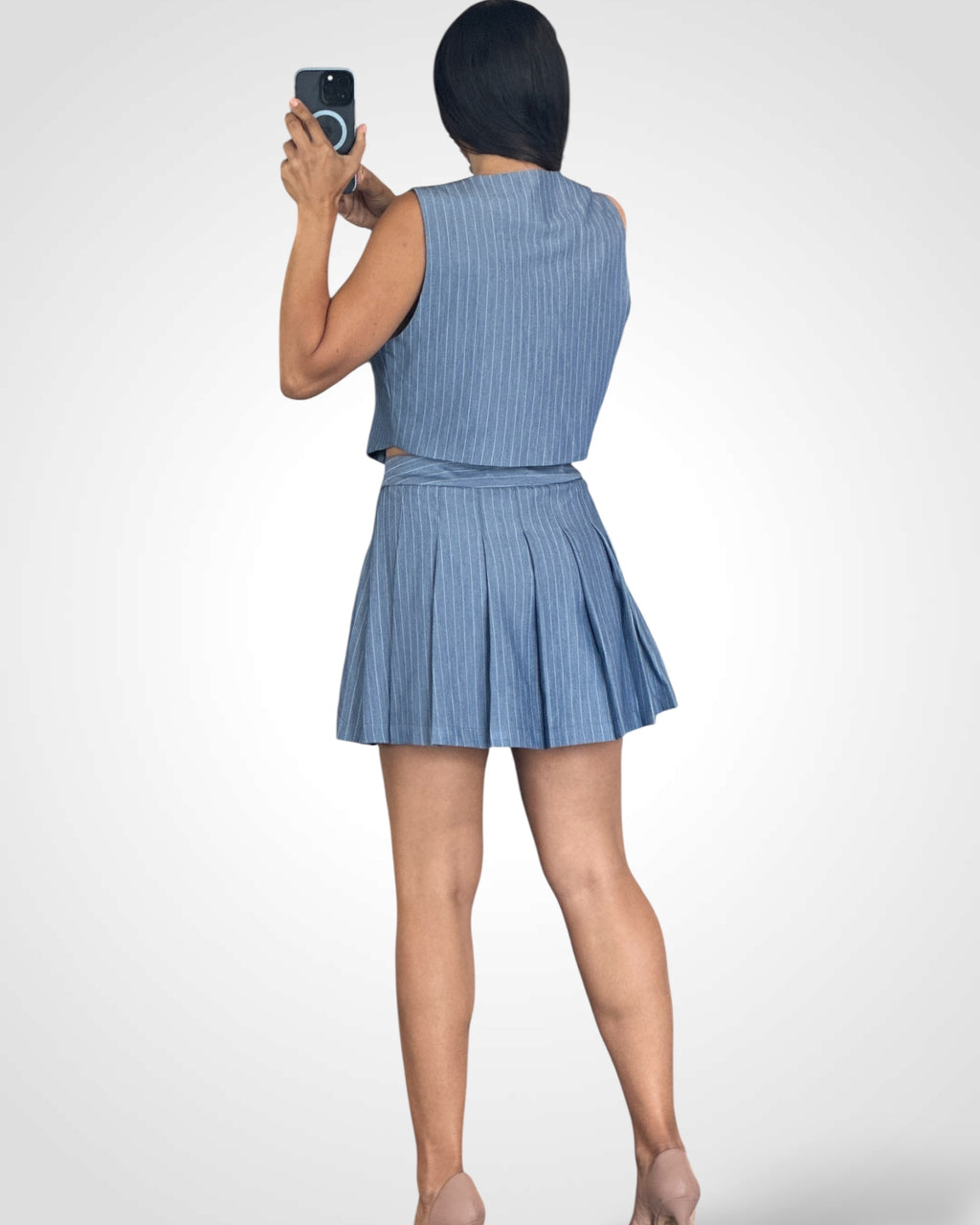 PIN STRIPE VEST AND PLEATED MINI SKIRT SET
