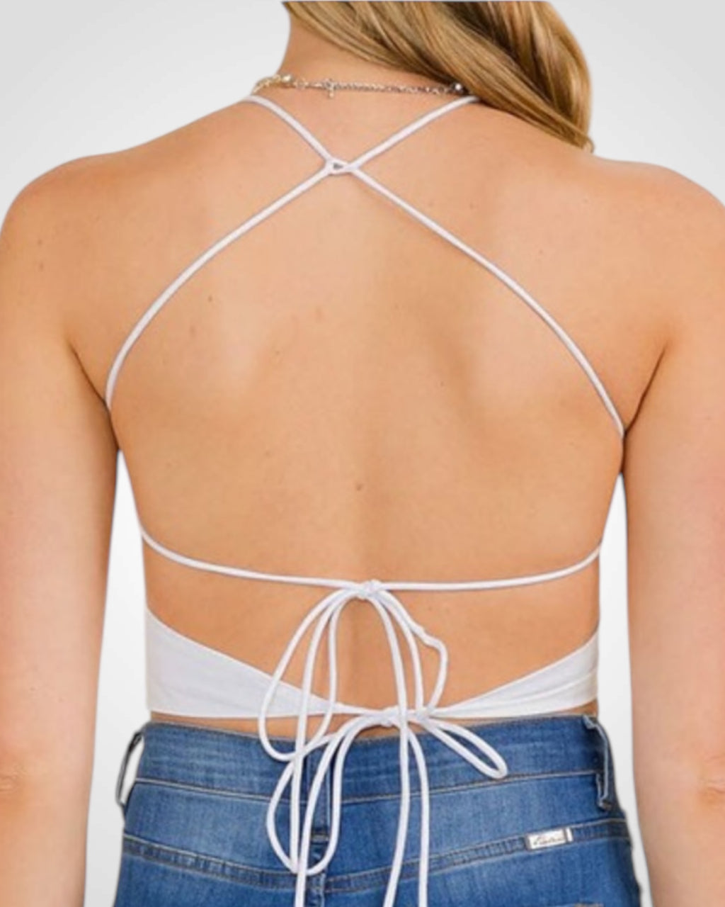 V NECK RHINESTONE TRIMMED OPEN BACK CROP TOP (WHITE)