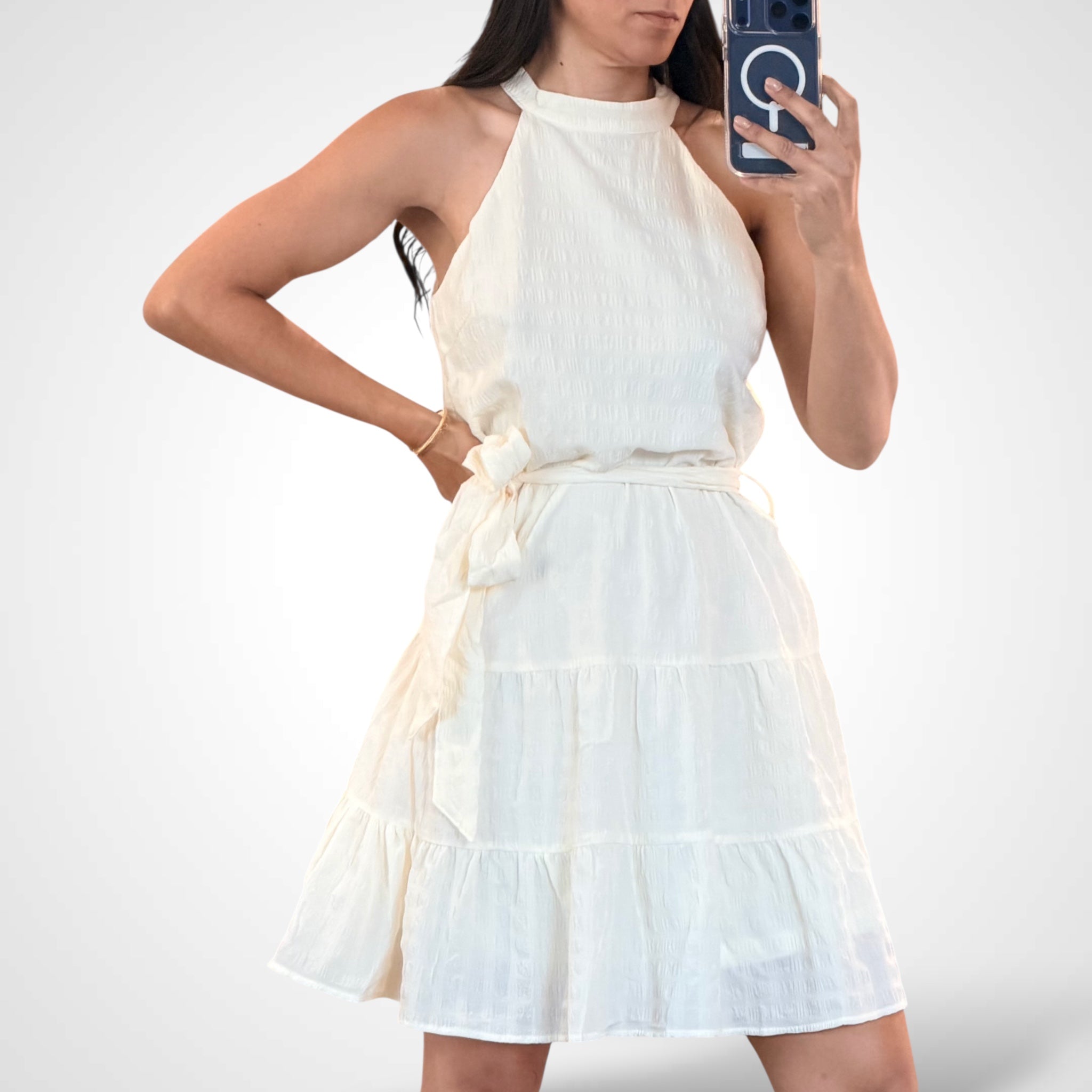 Halter Neck Crinkled Tiered Waist Sash Mini Dress•