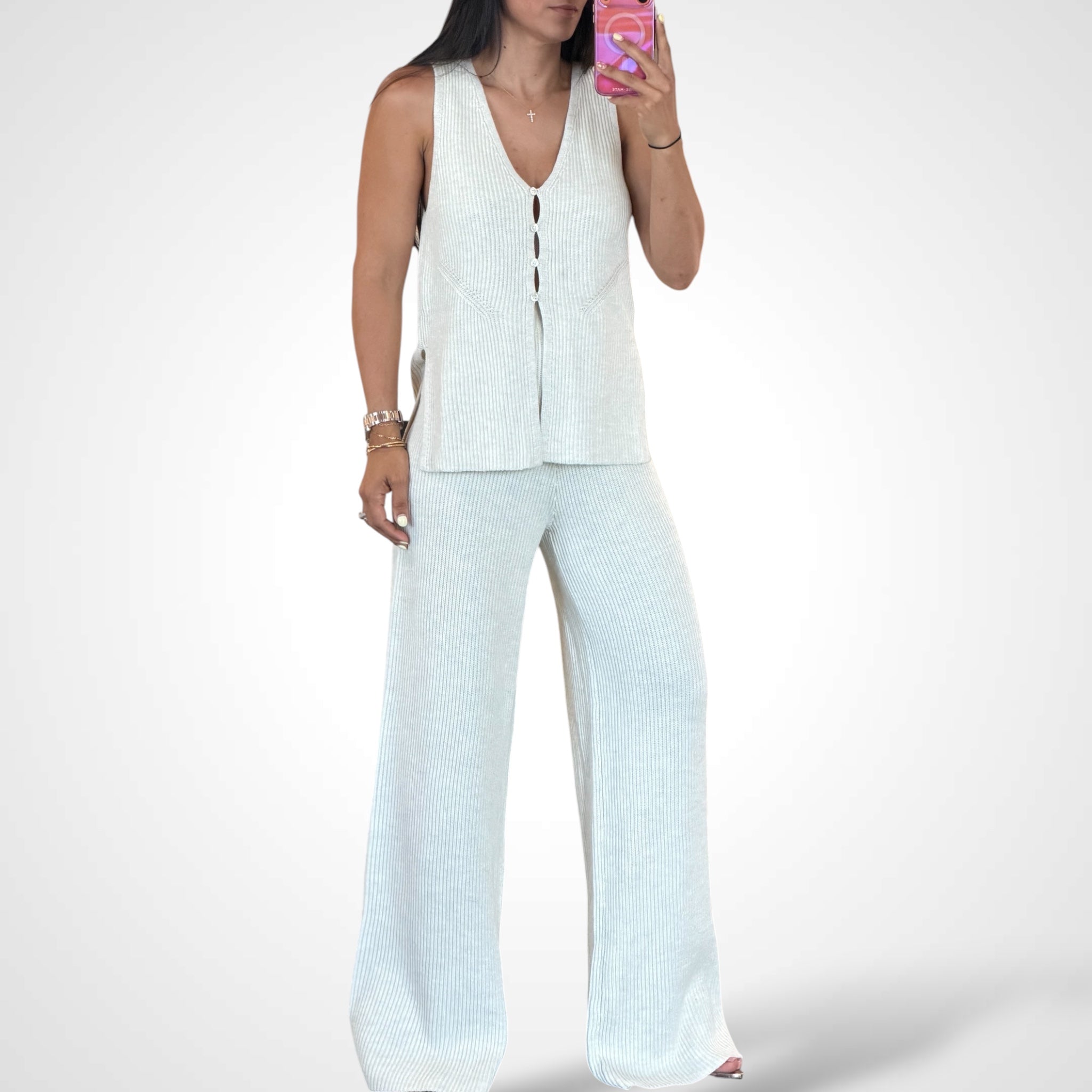 KNIT SLEEVELESS SIDE SLIT TOP AND PANTS SET-1
