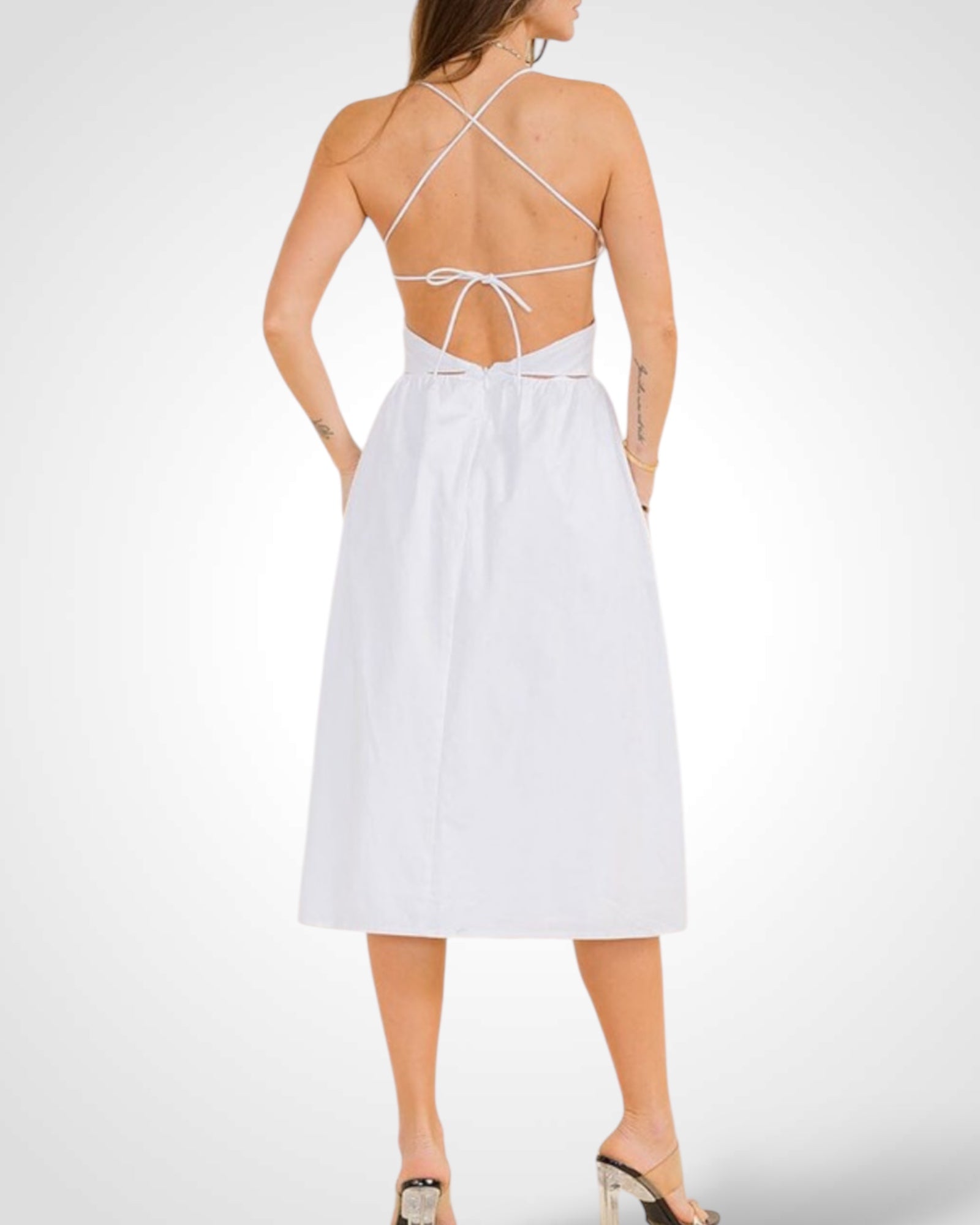 SOLID STRAP OPEN BACK FLARED KEYHOLE MIDI DRESS (WHITE )