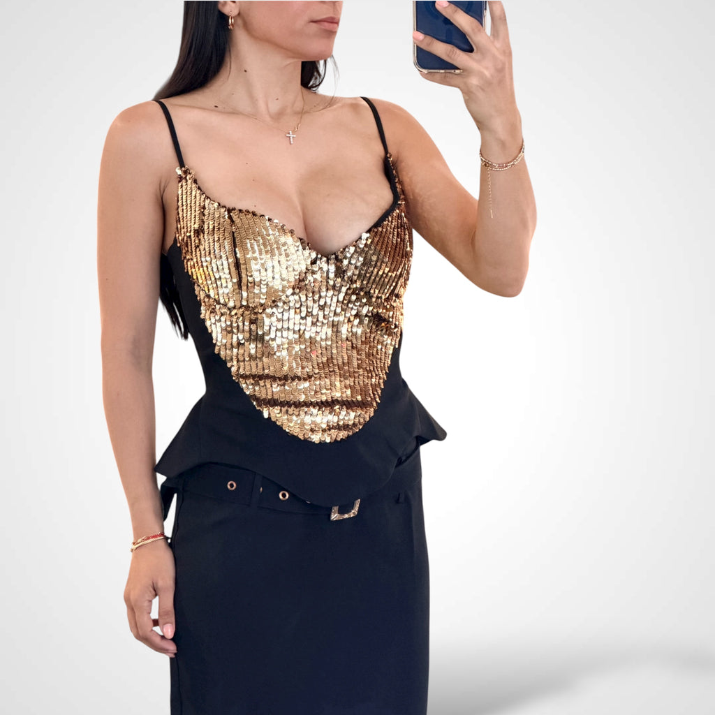 GOLD SEQUIN PEPLUM TOP & BELTED SKIRT SET