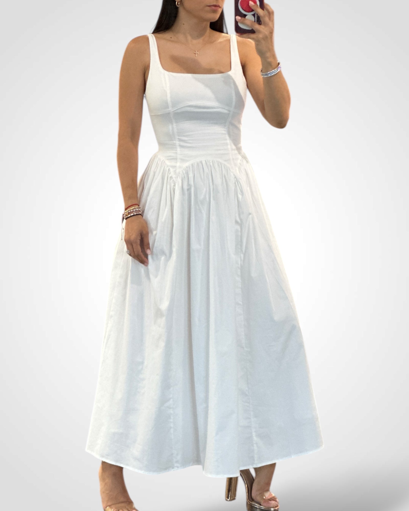 Poplin Adjustable Strap Double Back Tie Midi Dress