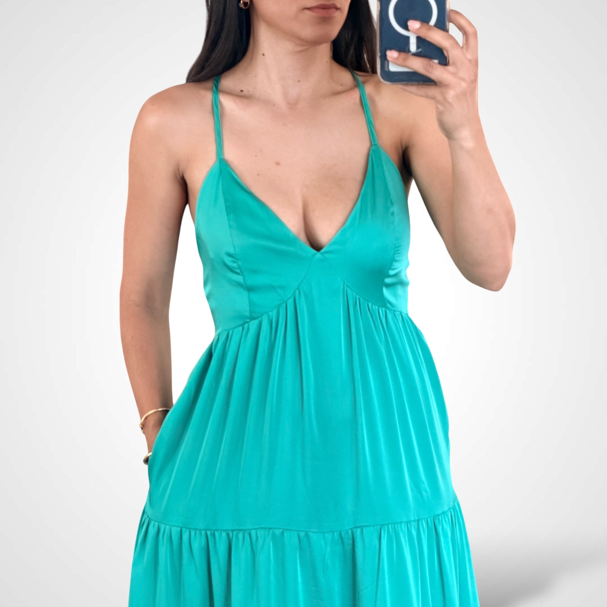 Turquoise Sleeveless V-neck Open Back Tiered Maxi Dress•-2
