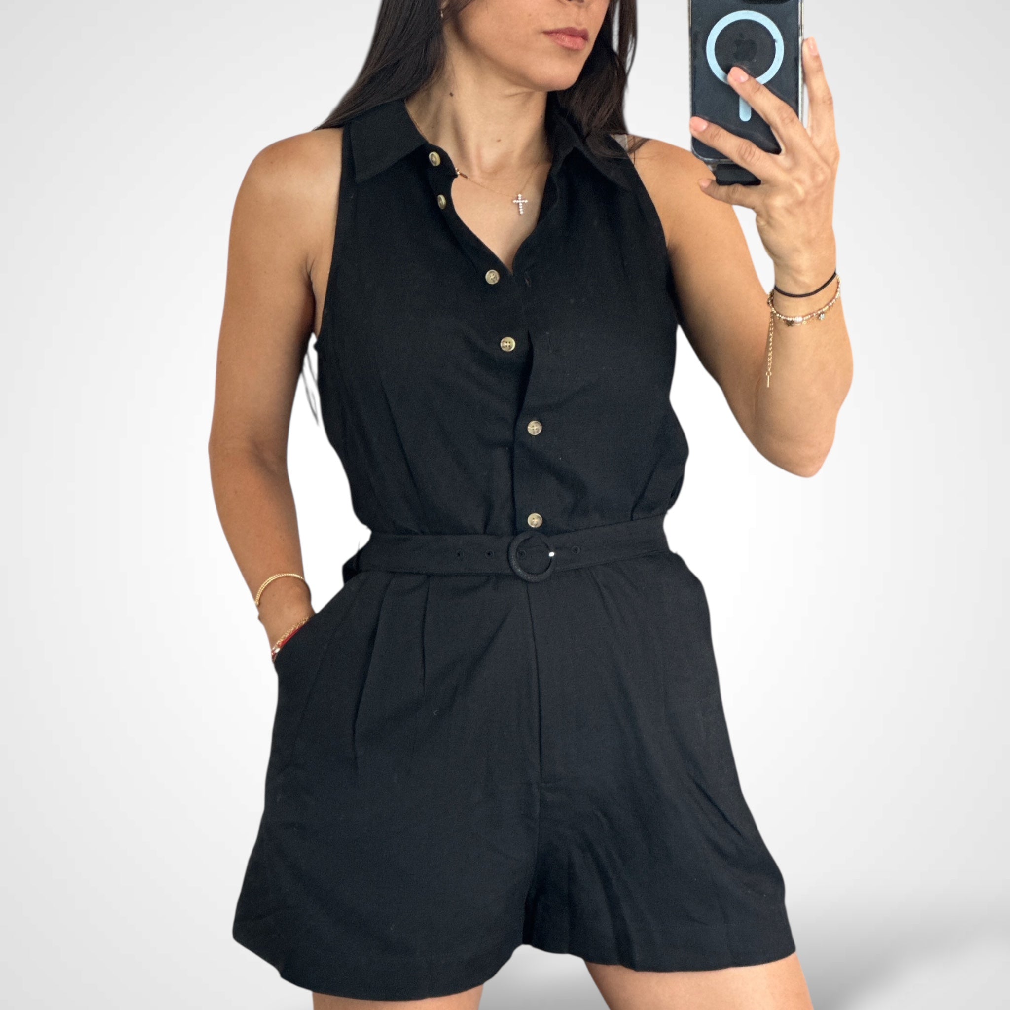 Collar Halter Neck Belted Romper-1