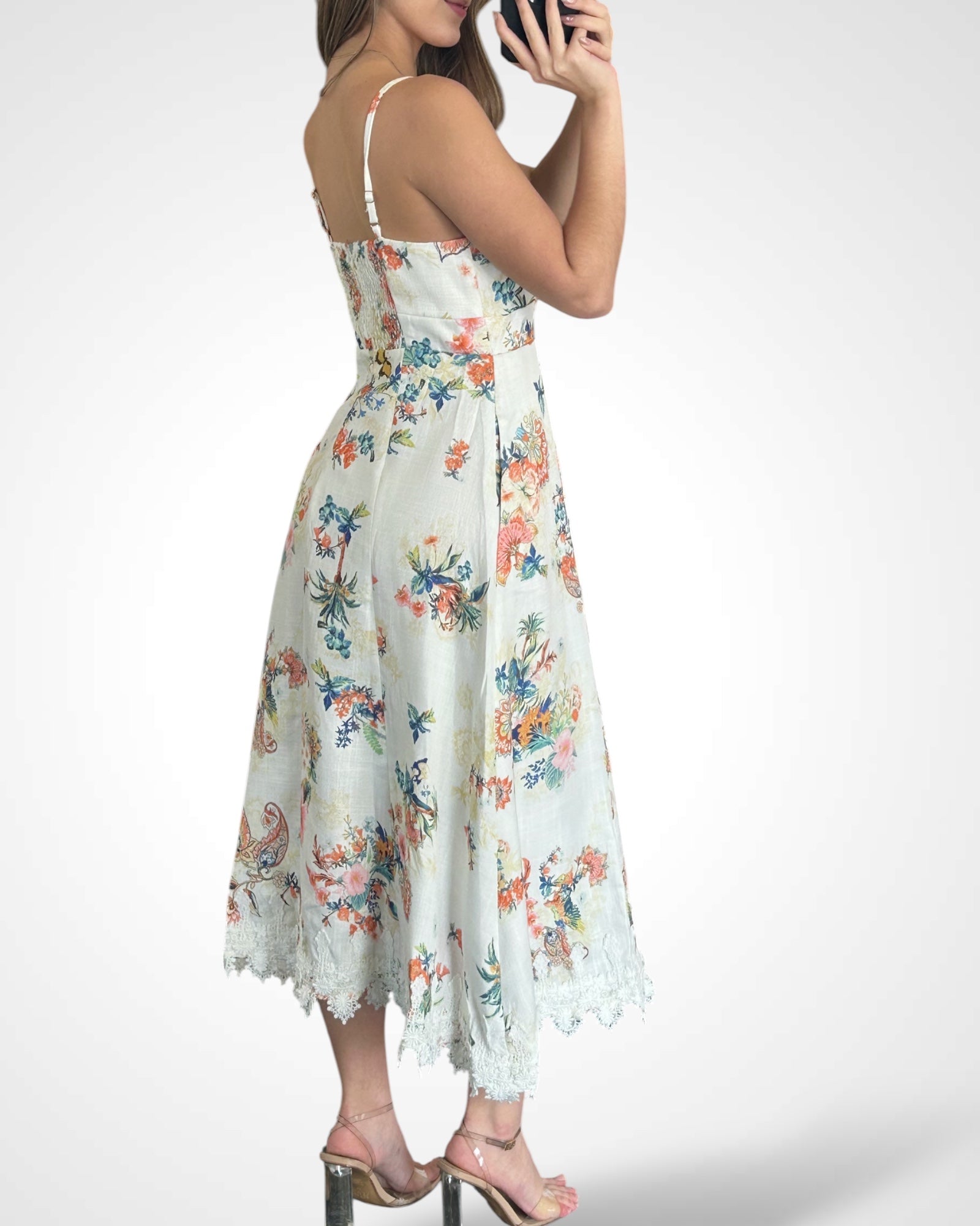 FLORAL PRINT CROCHET TRIM DETAIL FLARED MAXI DRESS-3