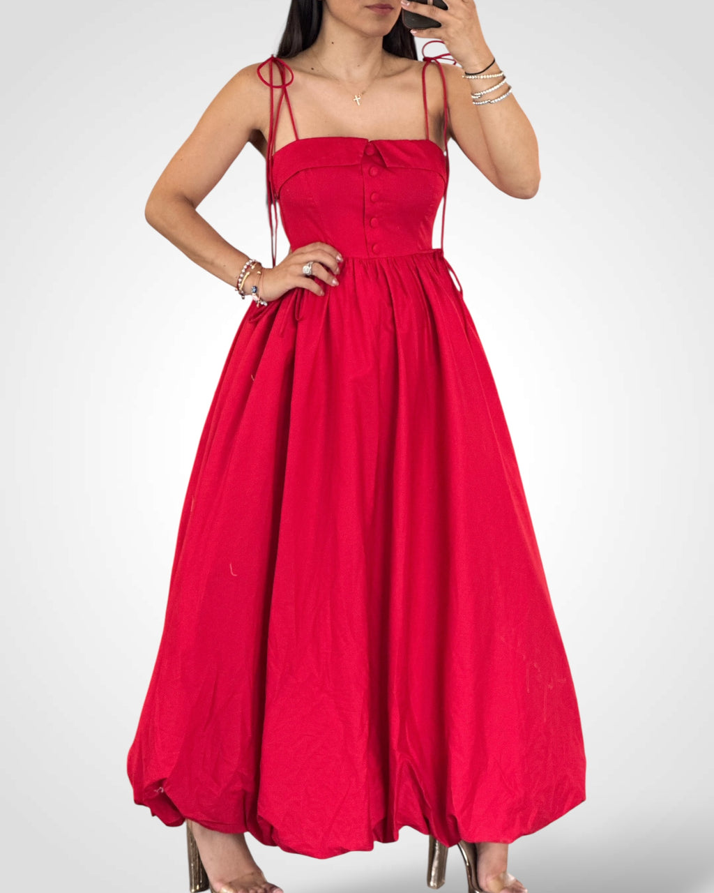 Red Spagehtti Self Tie Strap Bubble Hem Midi Dress