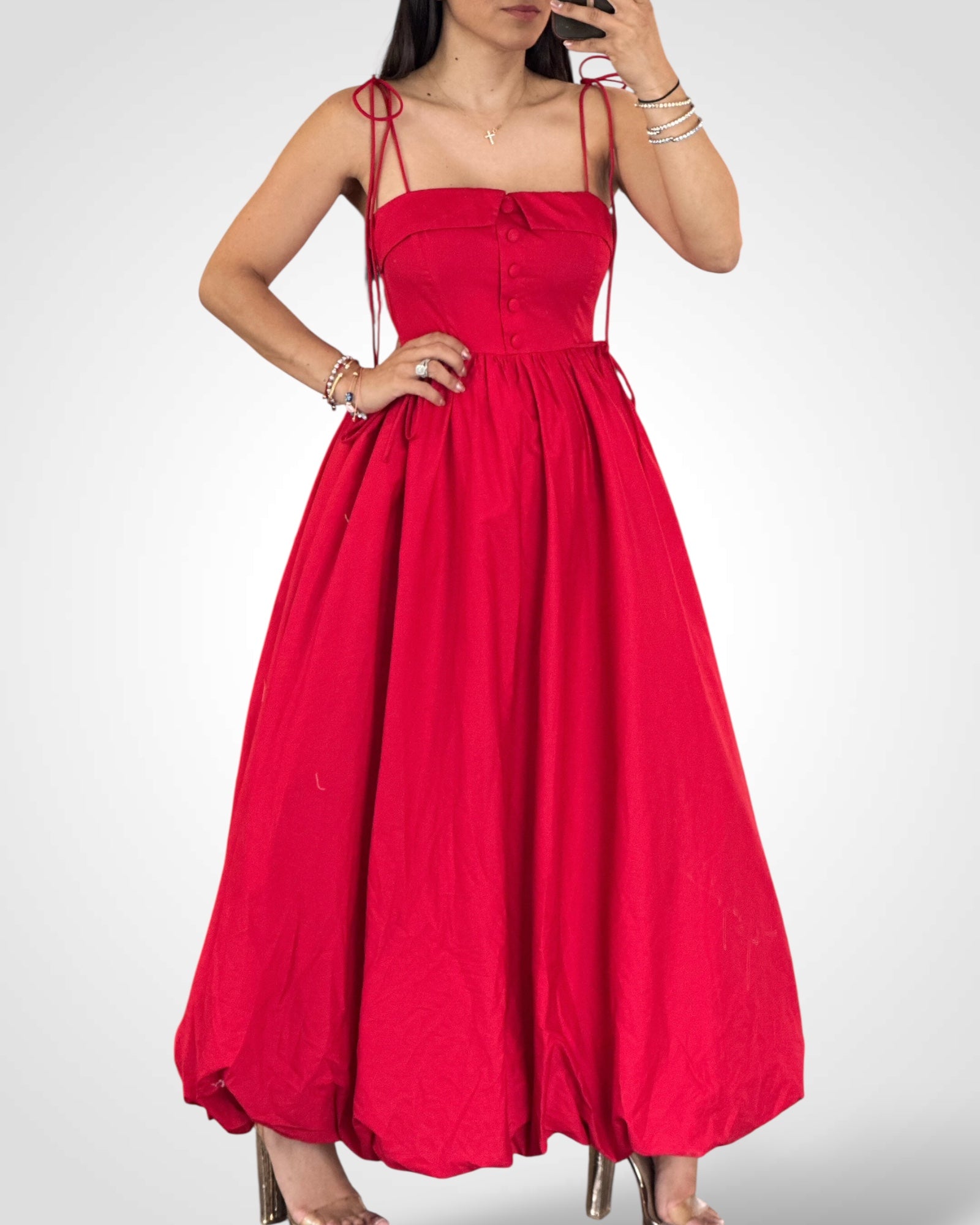 Red Spagehtti Self Tie Strap Bubble Hem Midi Dress