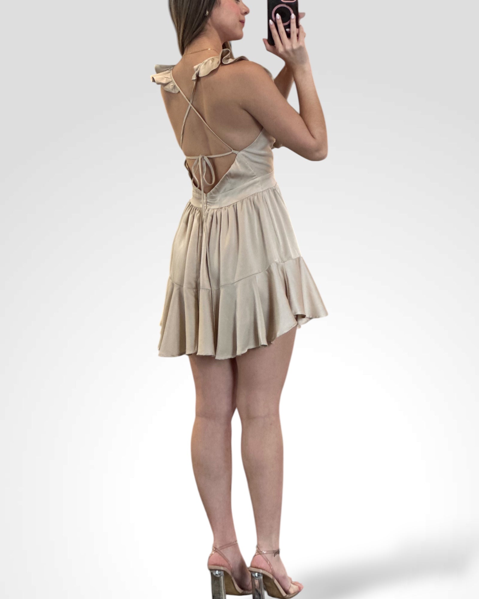 V NECK SATIN SLEEVELESS RUFFLE MINI ROMPER