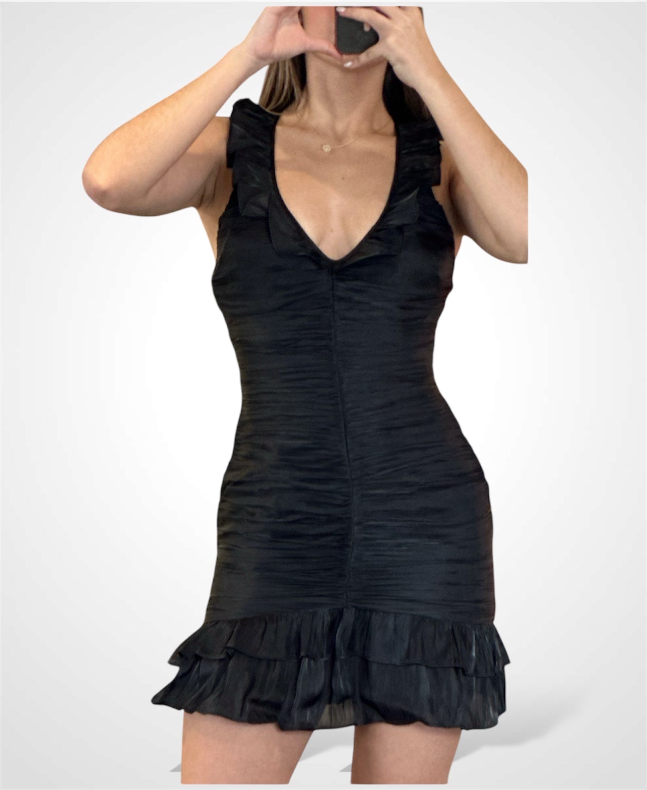 V-NECK RUFFLE RUCHED OPEN BACK BODYCON MINI DRESS•-1