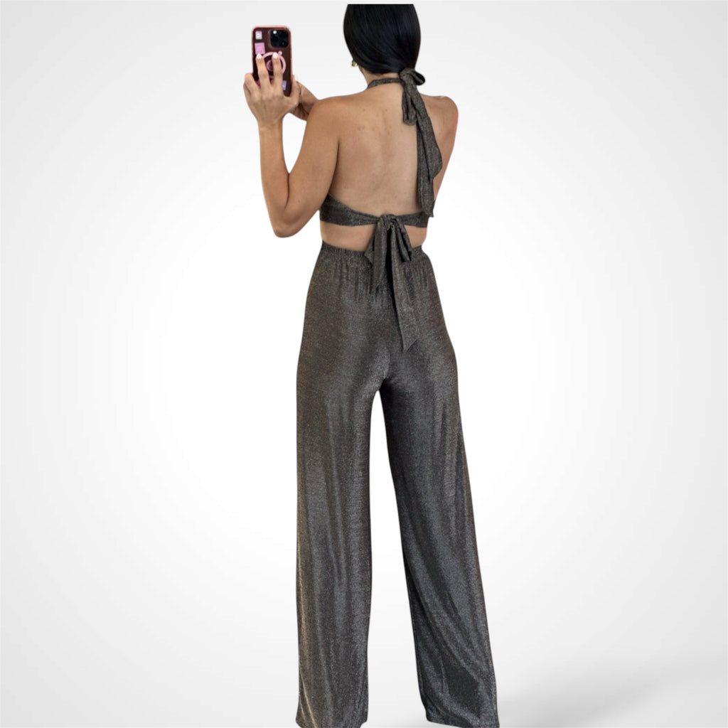 METALLIC KNIT HALTER CUT OUT WAIST OPEN/TIE BACK JUMPSUIT