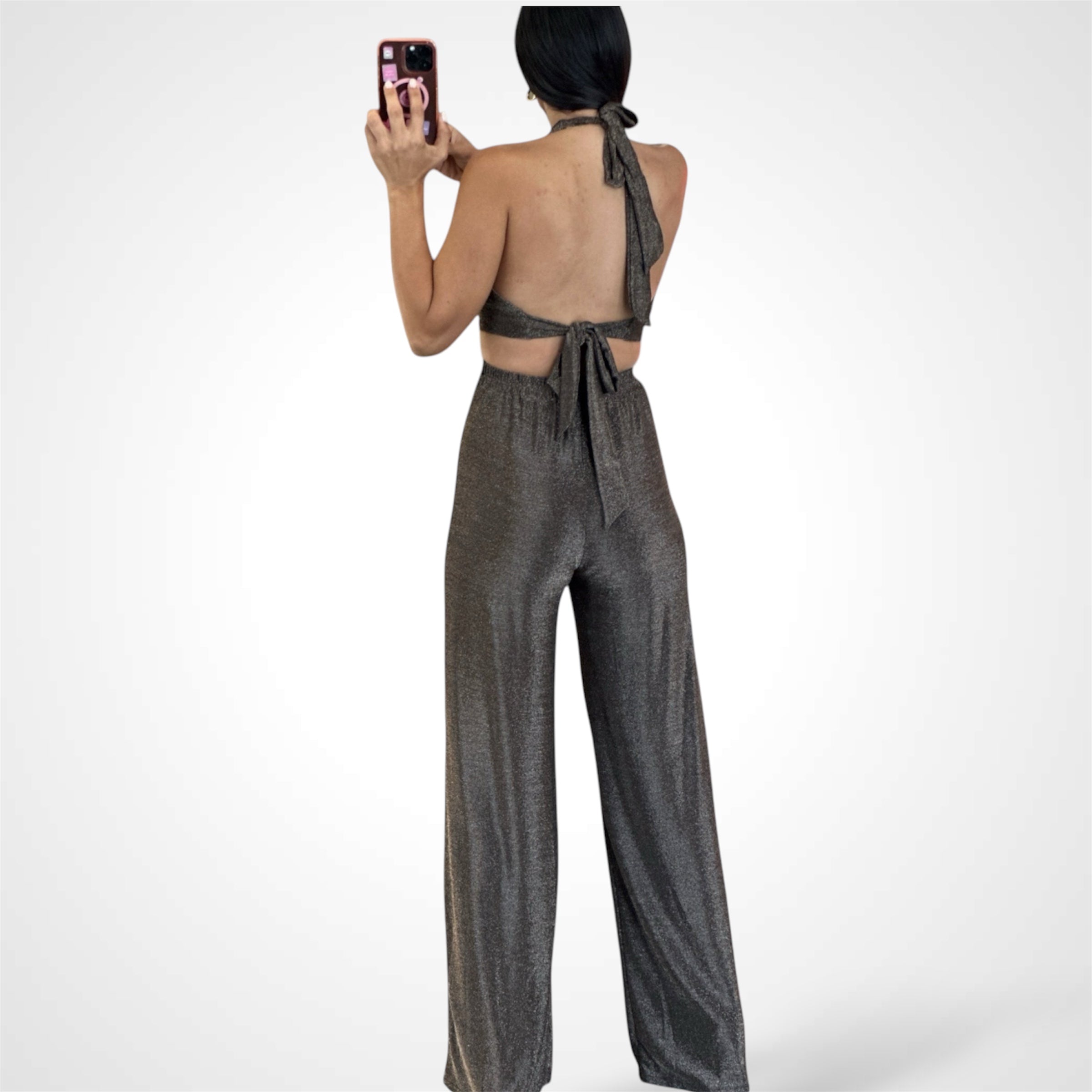 METALLIC KNIT HALTER CUT OUT WAIST OPEN/TIE BACK JUMPSUIT