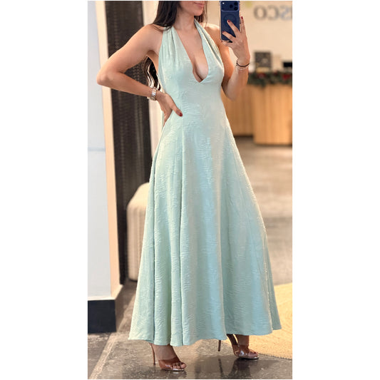 Magda Mint Green Deep V Neck A-line Midi Dress