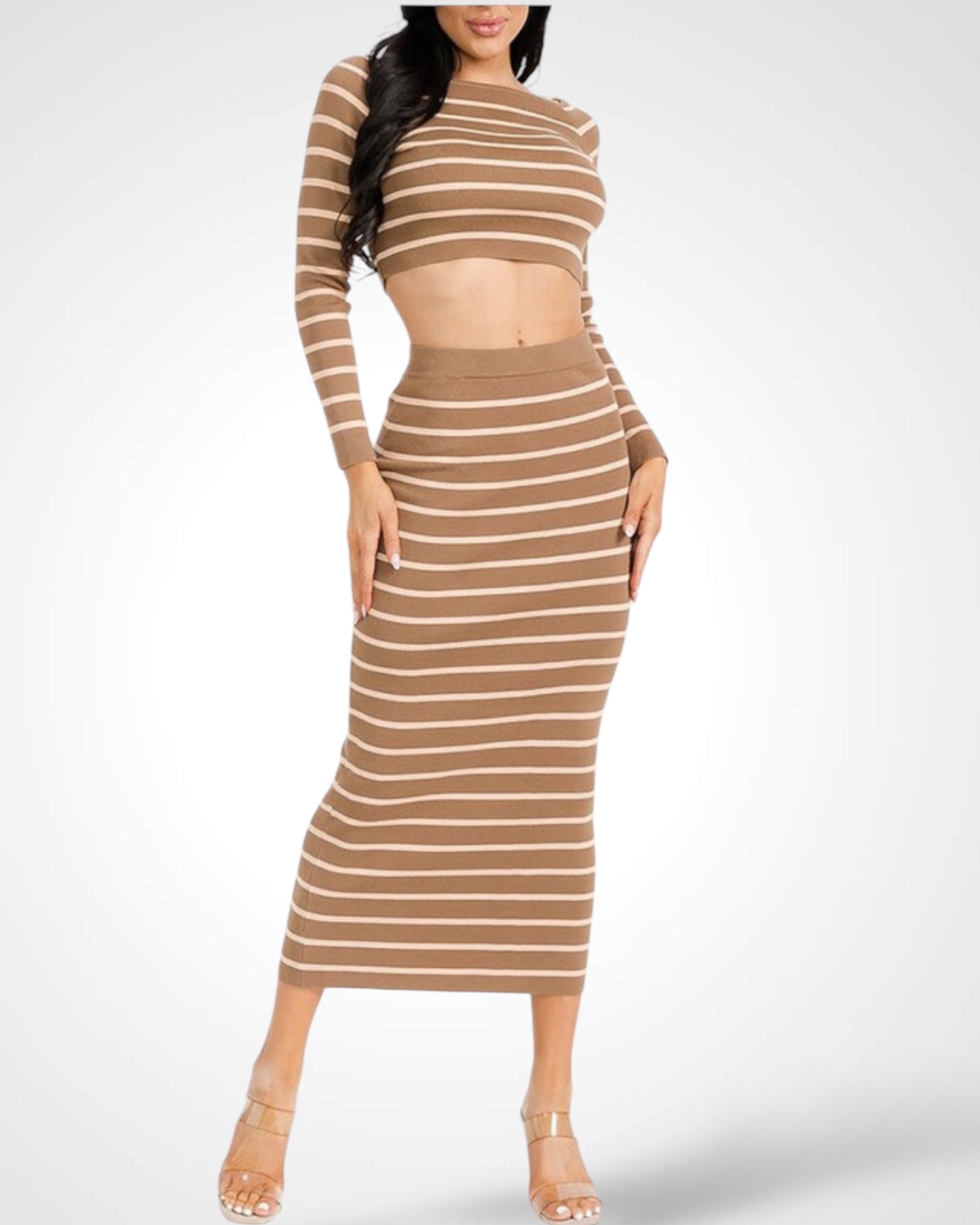 CROP TOP & ELASTIC WAIST MAXI SKIRT STRIPES SET•-2