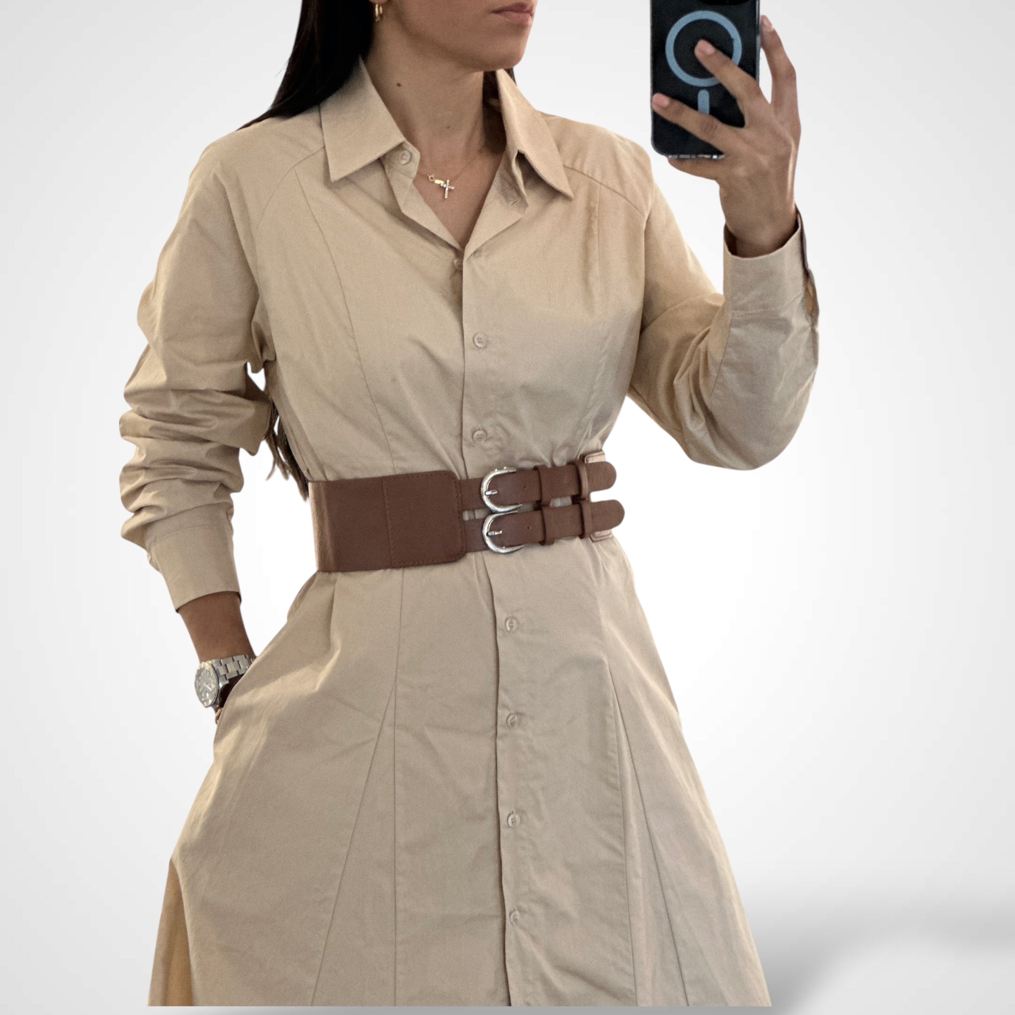 LT.BEIGE LONG SLEEVES SHIRT DRESS WITH FAUX LEATHER WAIST BELT