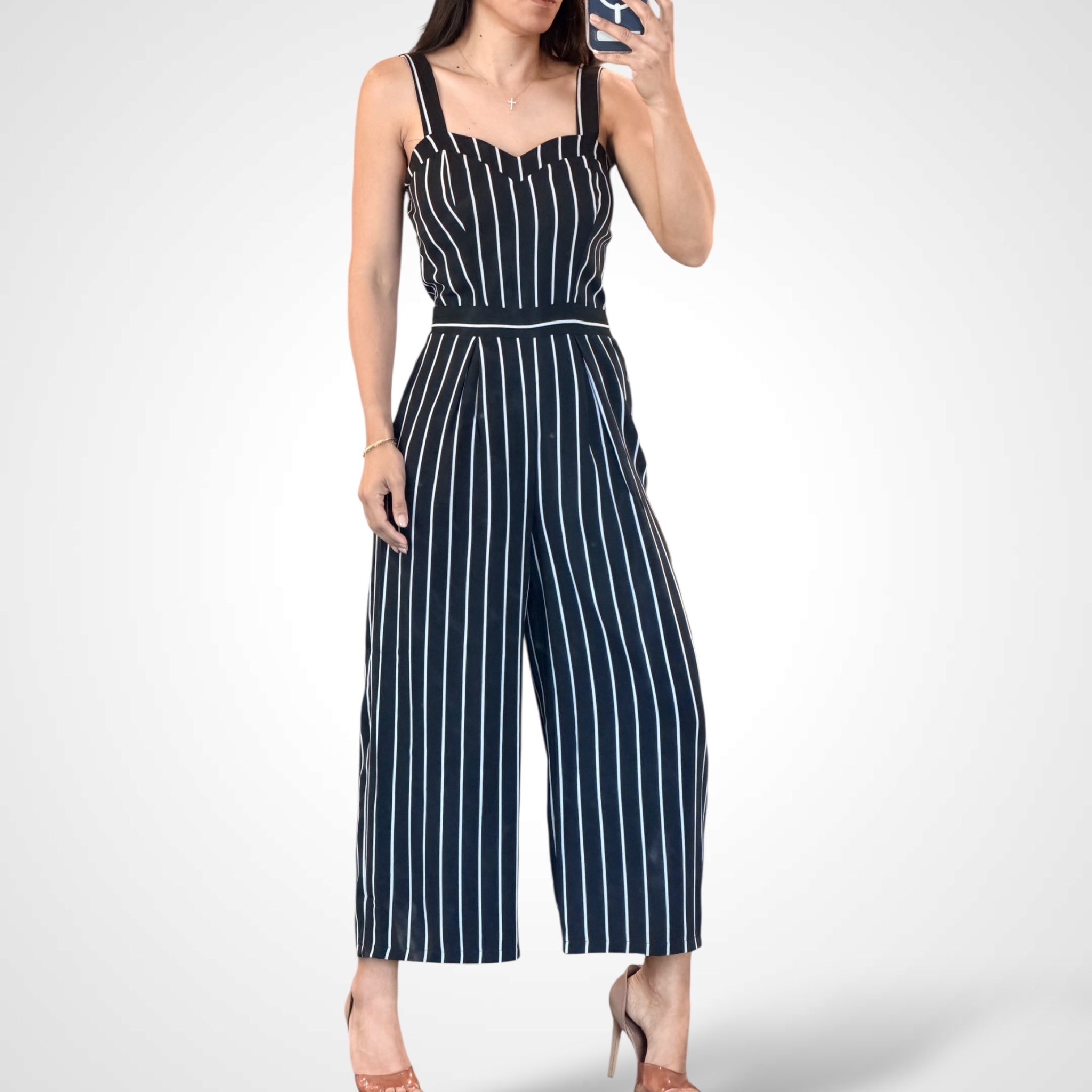 Midnight Black & White Stripes Jumpsuit•