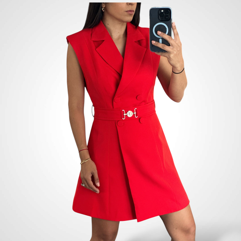 SJQ-RED BELTED TAILORED MINI DRESS