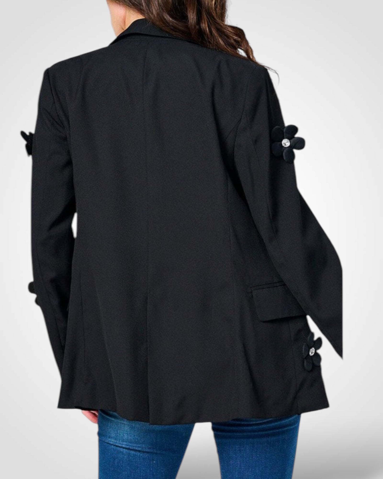 SOLID FLOWER DETAIL LONG SLEEVE BLAZER JACKET-2