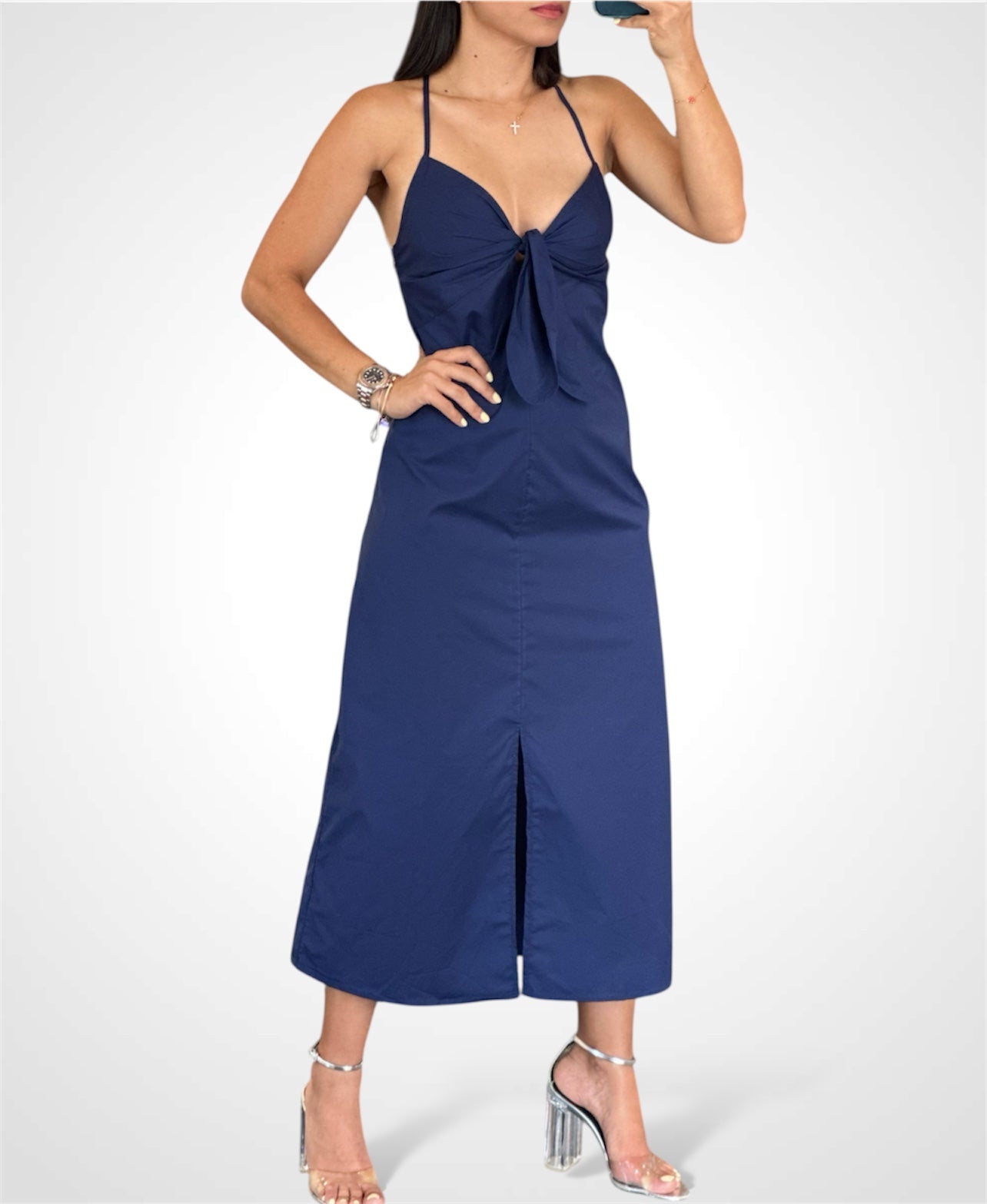 Navy Tie Front Midi Dress