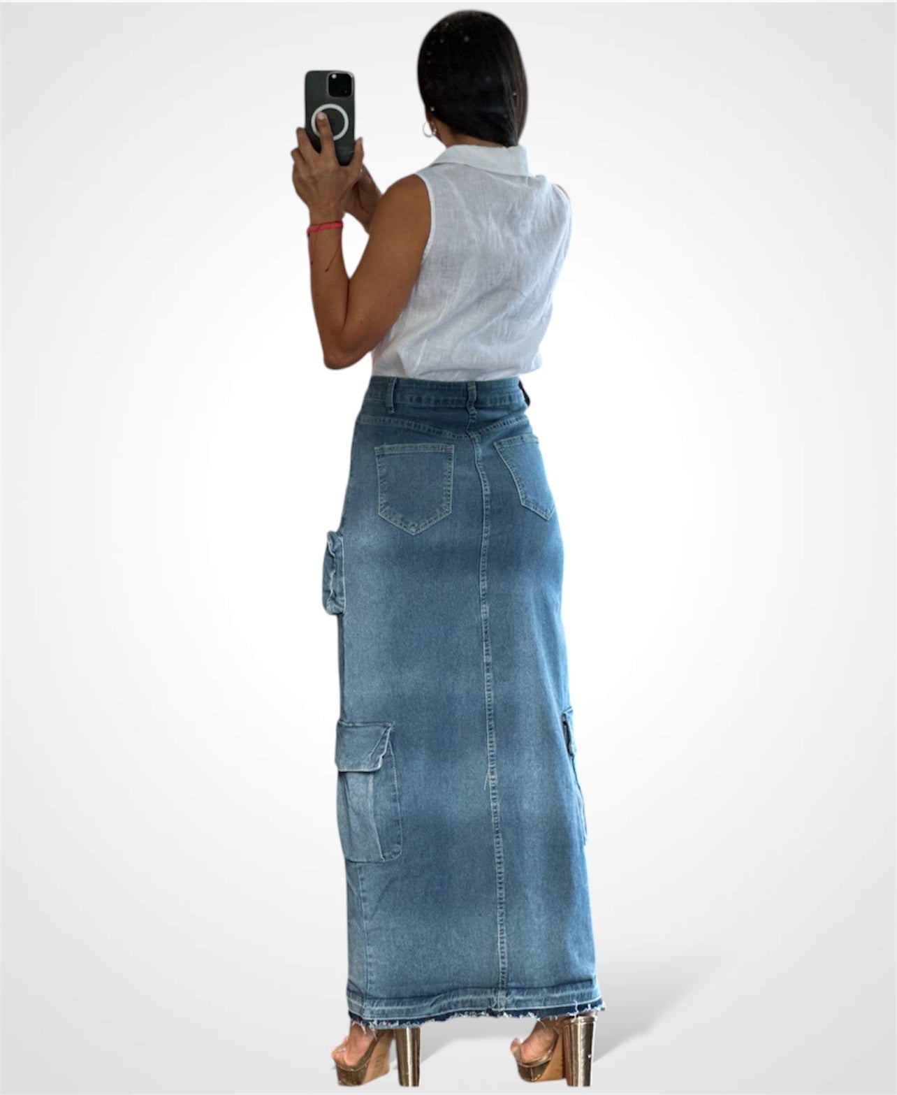 DENIM CARGO LONG SKIRT-3