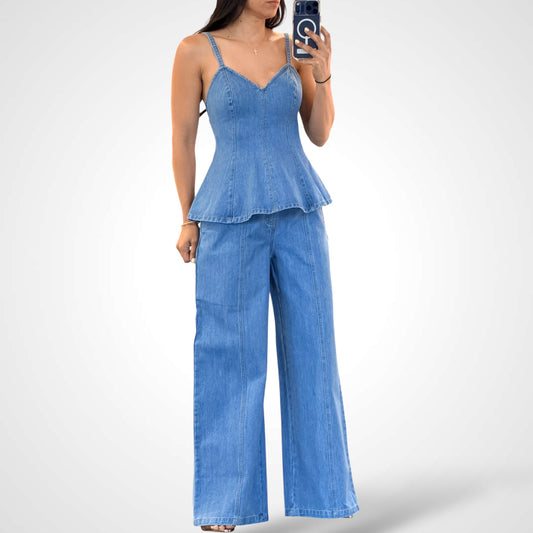 SJQ-DENIM GODET TOP AND LONG PANTS SET