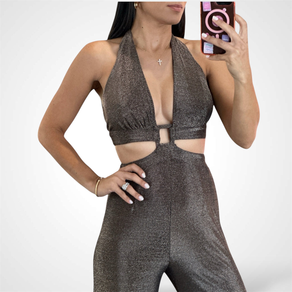 METALLIC KNIT HALTER CUT OUT WAIST OPEN/TIE BACK JUMPSUIT