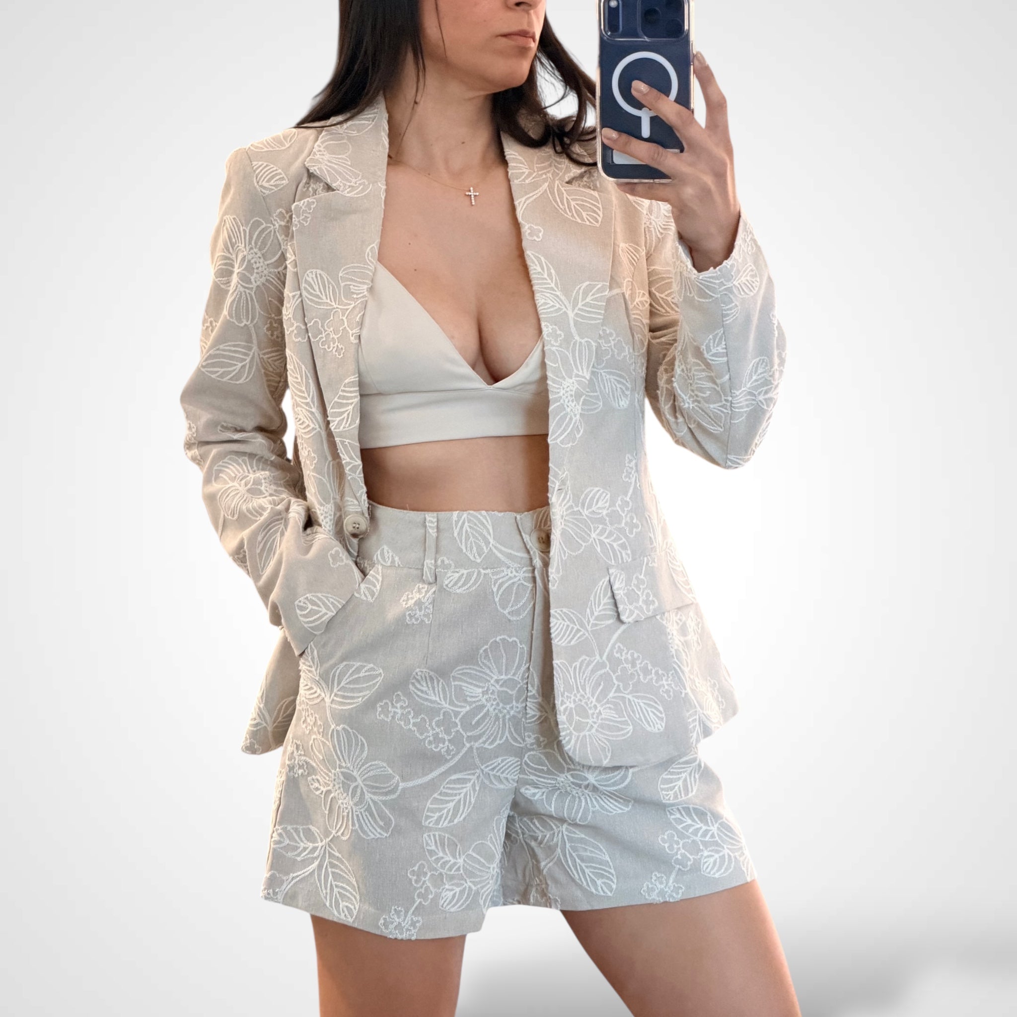 Embroidery Floral Long Sleeve Blazer & Shorts Set•