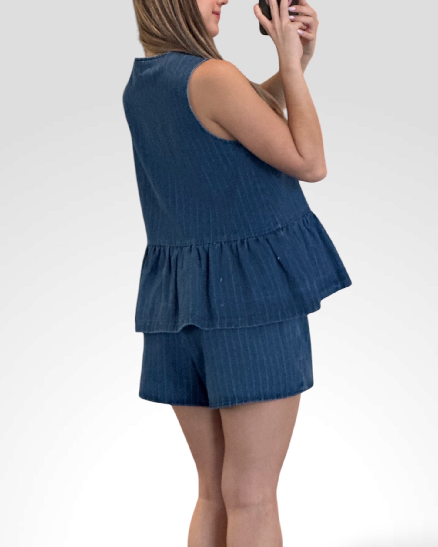 STRIPED DENIM TIE FRONT PEPLUM TOP AND SHORTS
