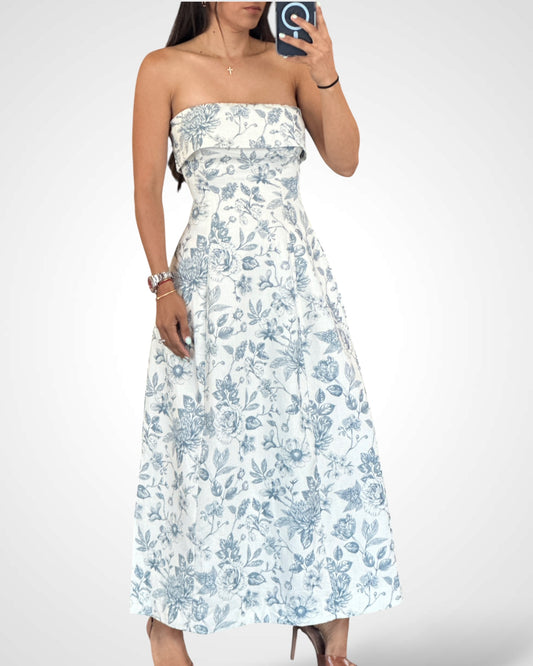 STRAPLESS FLORAL PRINTED MIDI DRESS