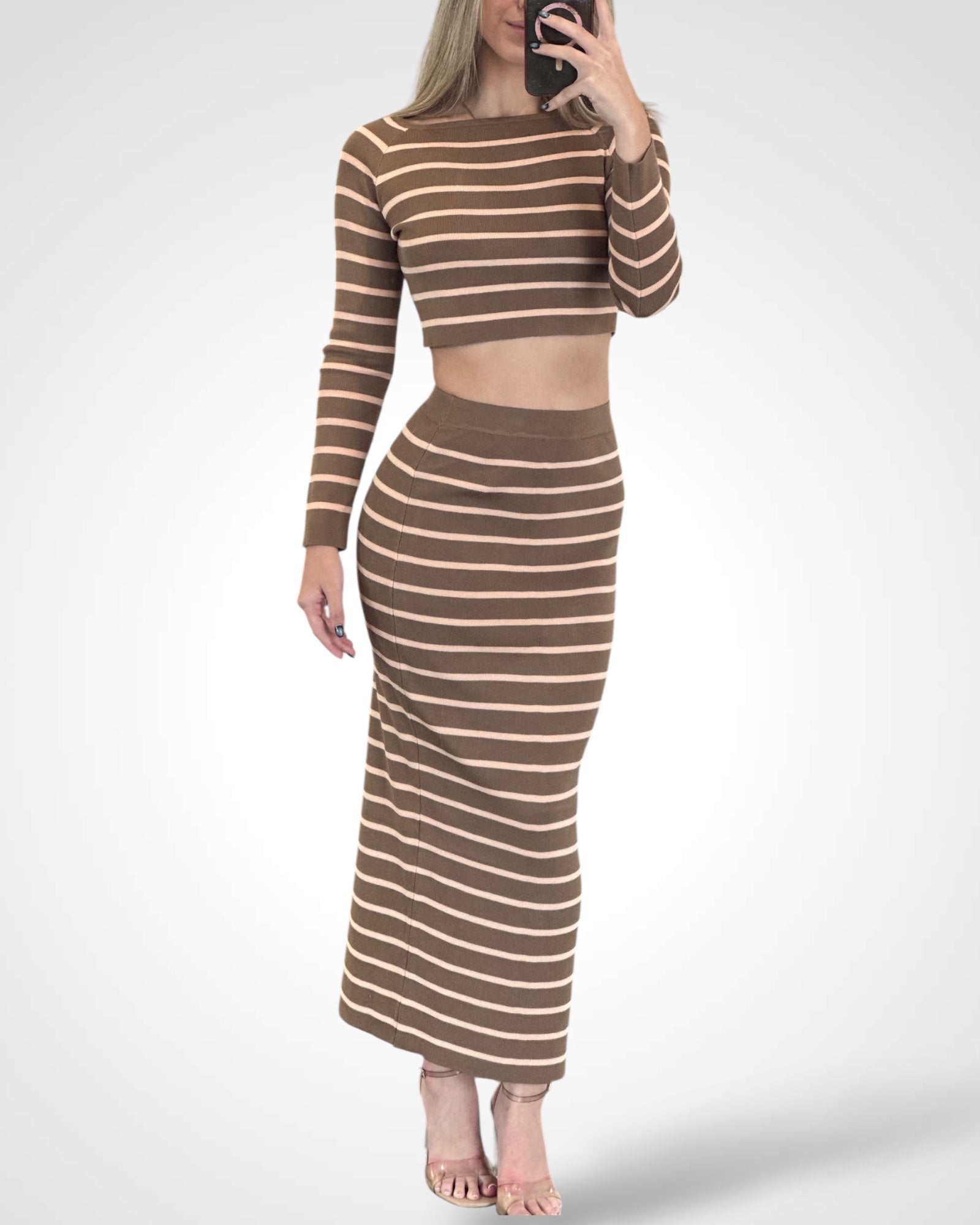 CROP TOP & ELASTIC WAIST MAXI SKIRT STRIPES SET•-1