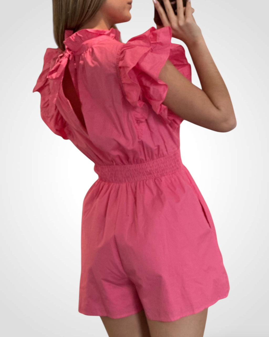 RUFFLE SLEEVE MOCK NECK SMOCK WAIST ROMPER (Pink)