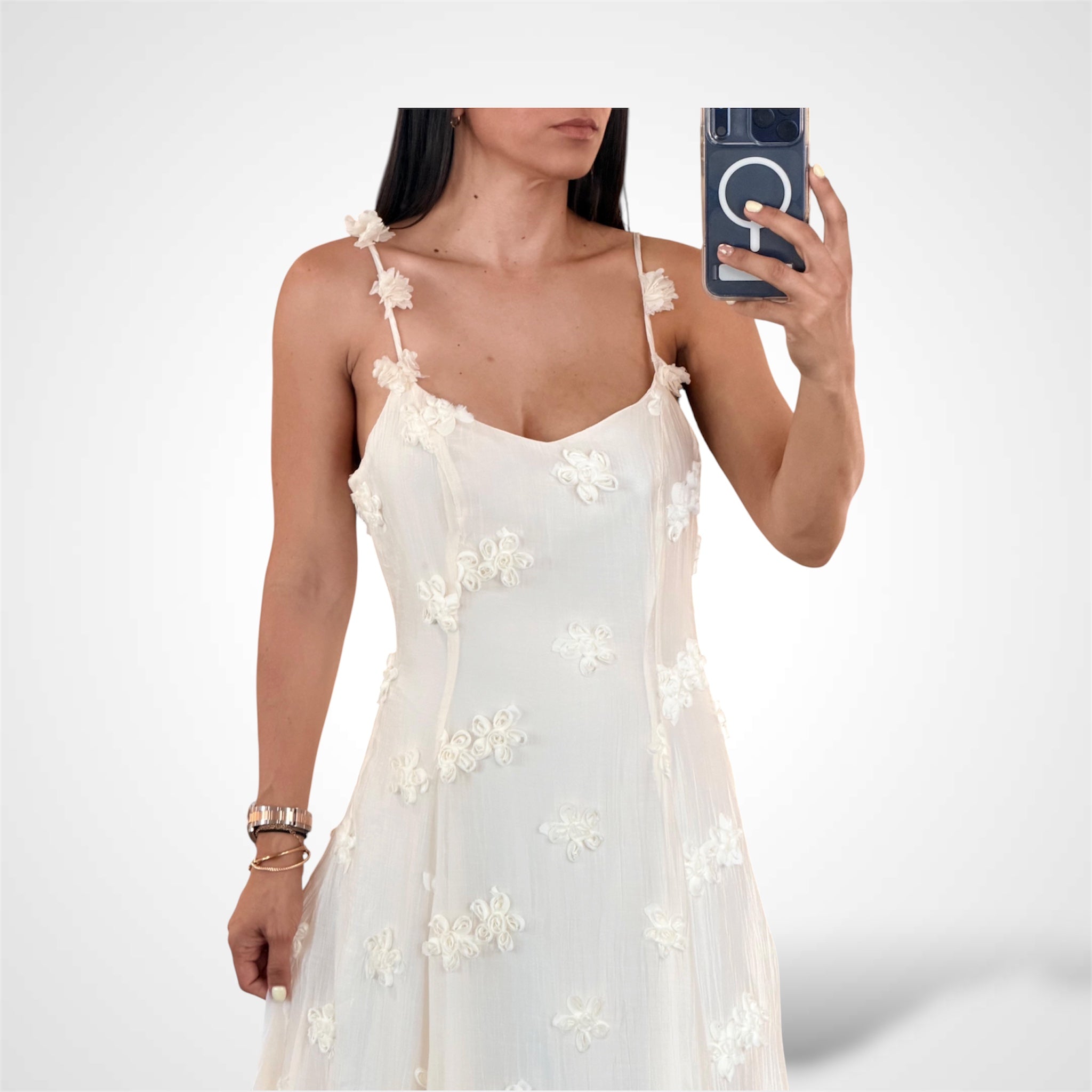 Applique V Neck Trim Midi Dress-2