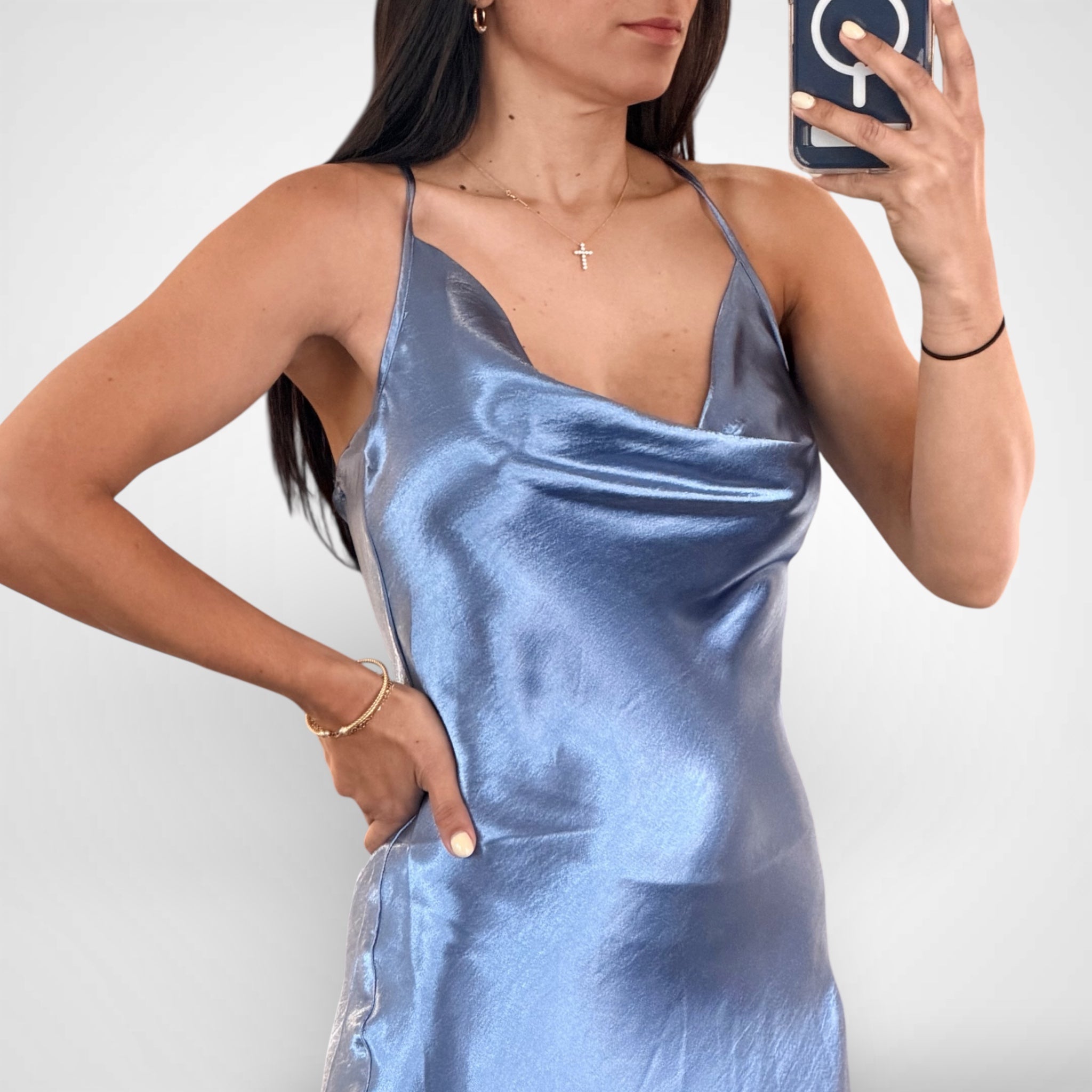 Cowl Neck Satin Cami Midi Dress•-2