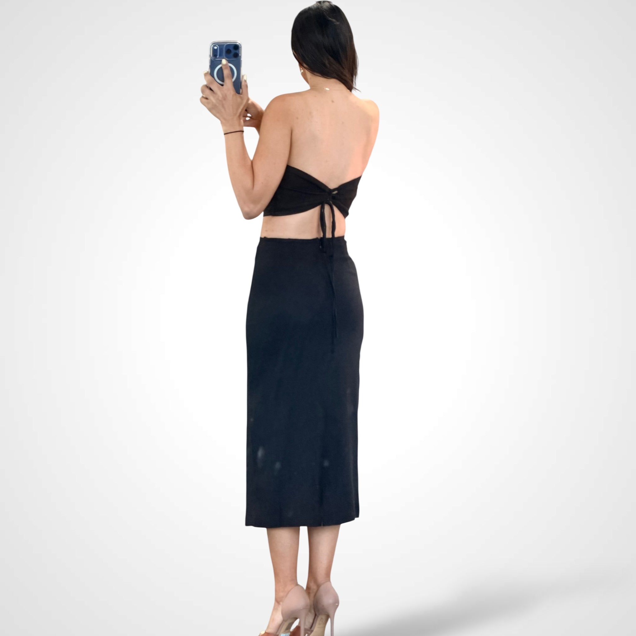 Black Linen Tube Cut-out Waist Pencil Midi Dress•-3