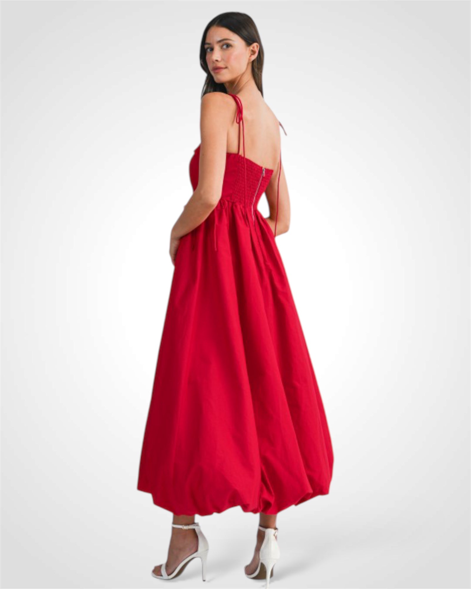 Red Spagehtti Self Tie Strap Bubble Hem Midi Dress