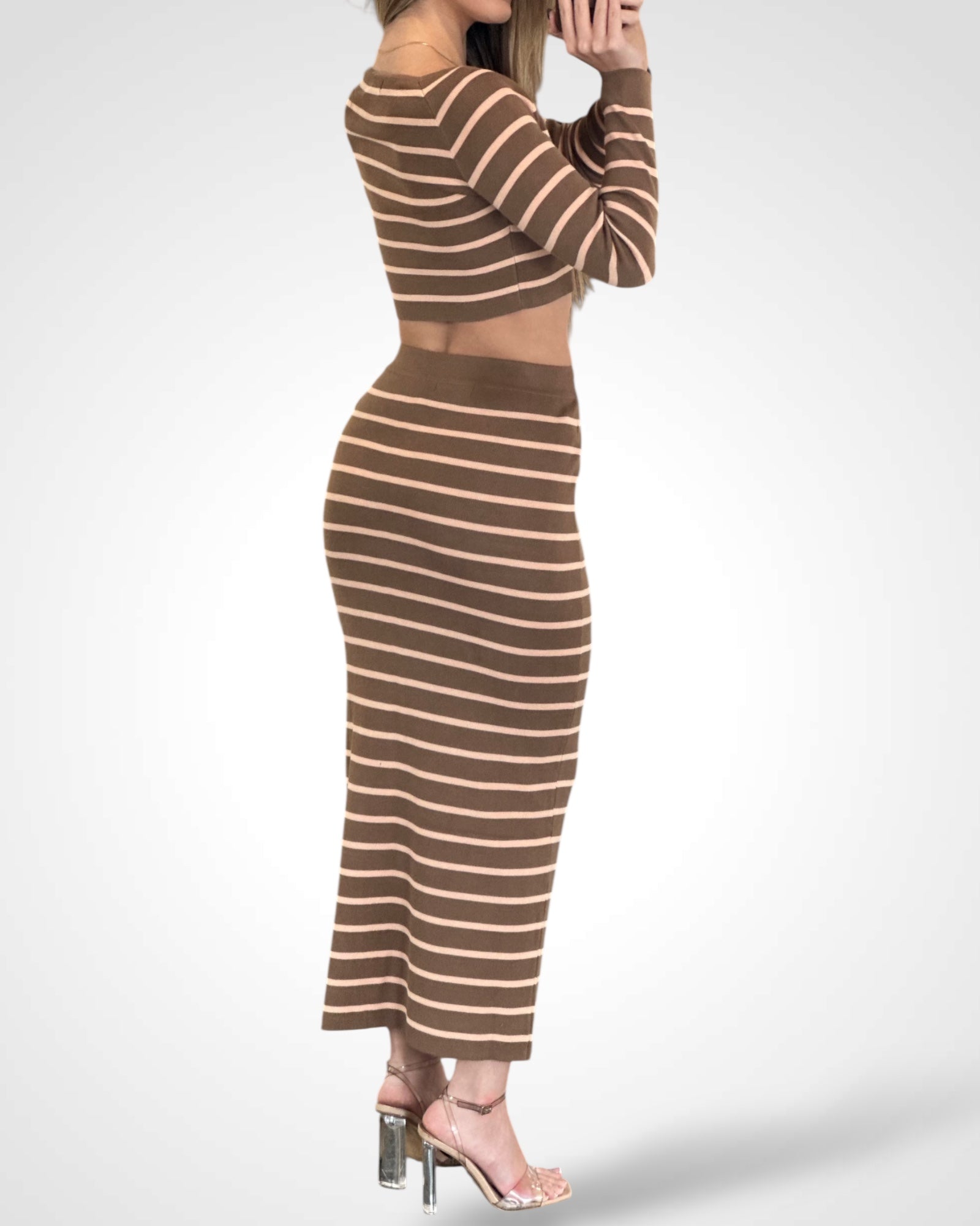 CROP TOP & ELASTIC WAIST MAXI SKIRT STRIPES SET•-3