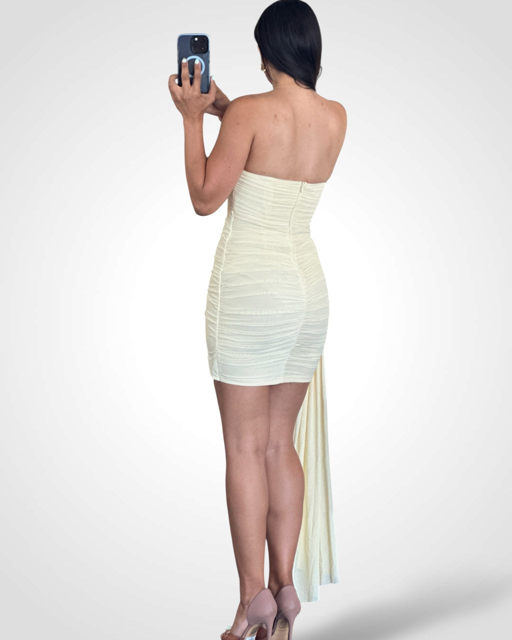 RUCHED ASYMMETRICAL MINI DRESS