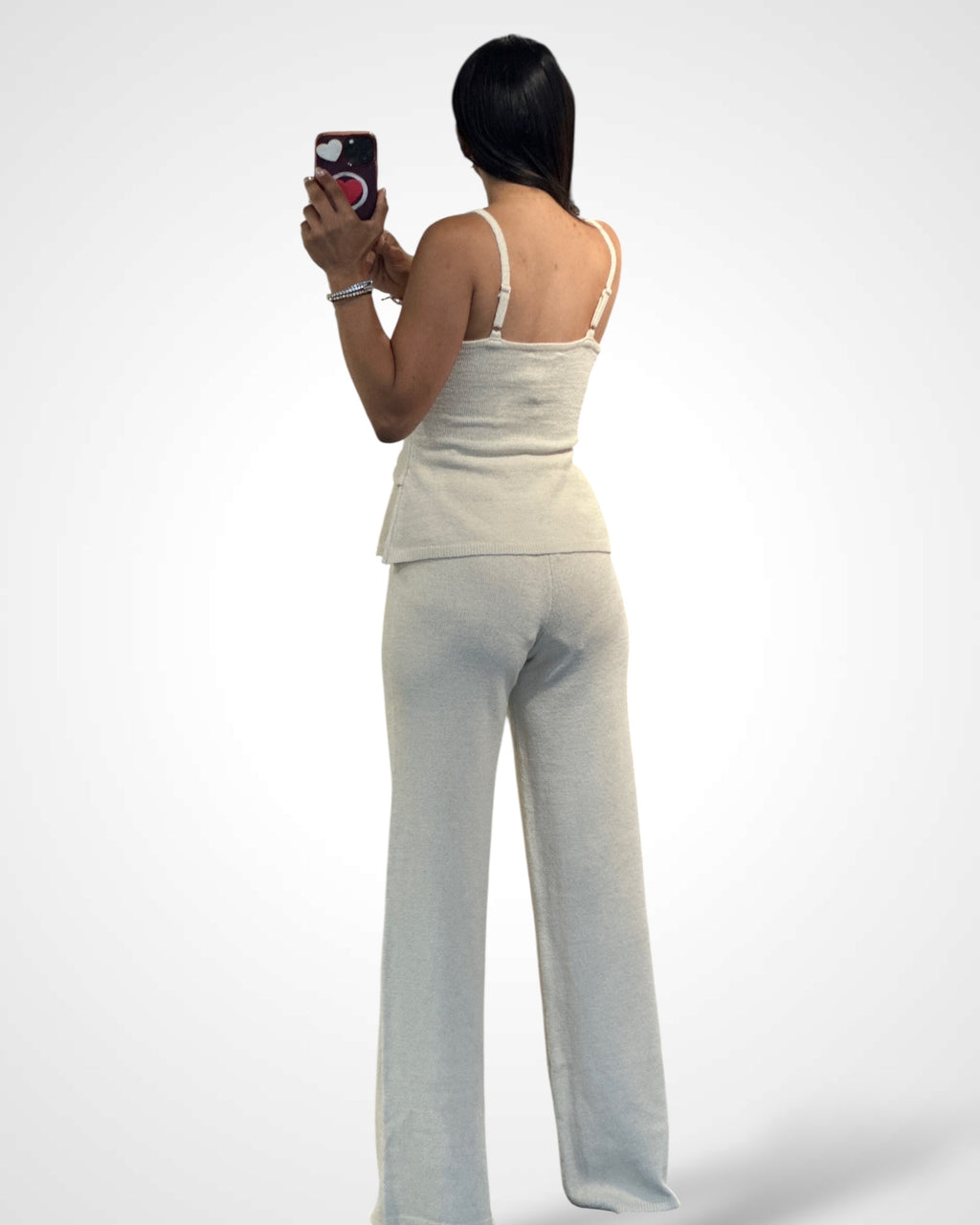 Cream Knit Long and Top Pants Set