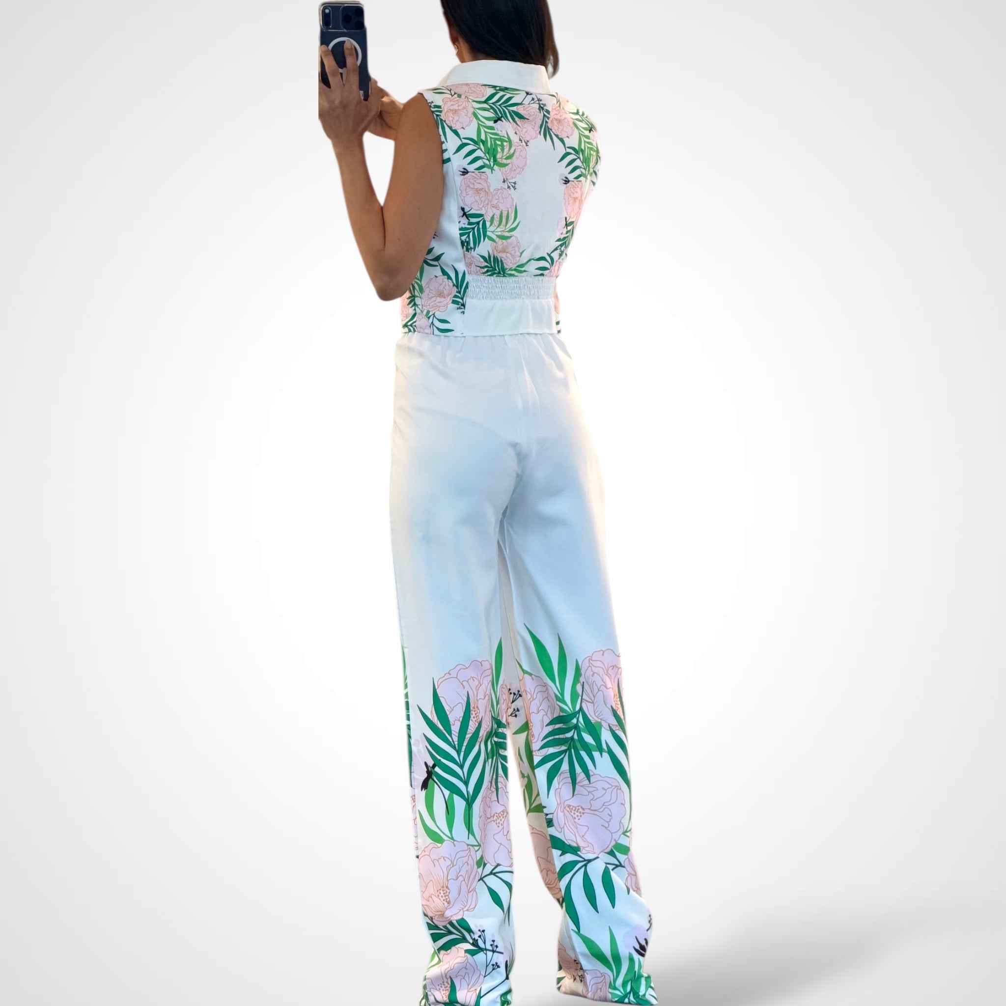 Crop Top Button Closure Pants Floral Print Set•-3