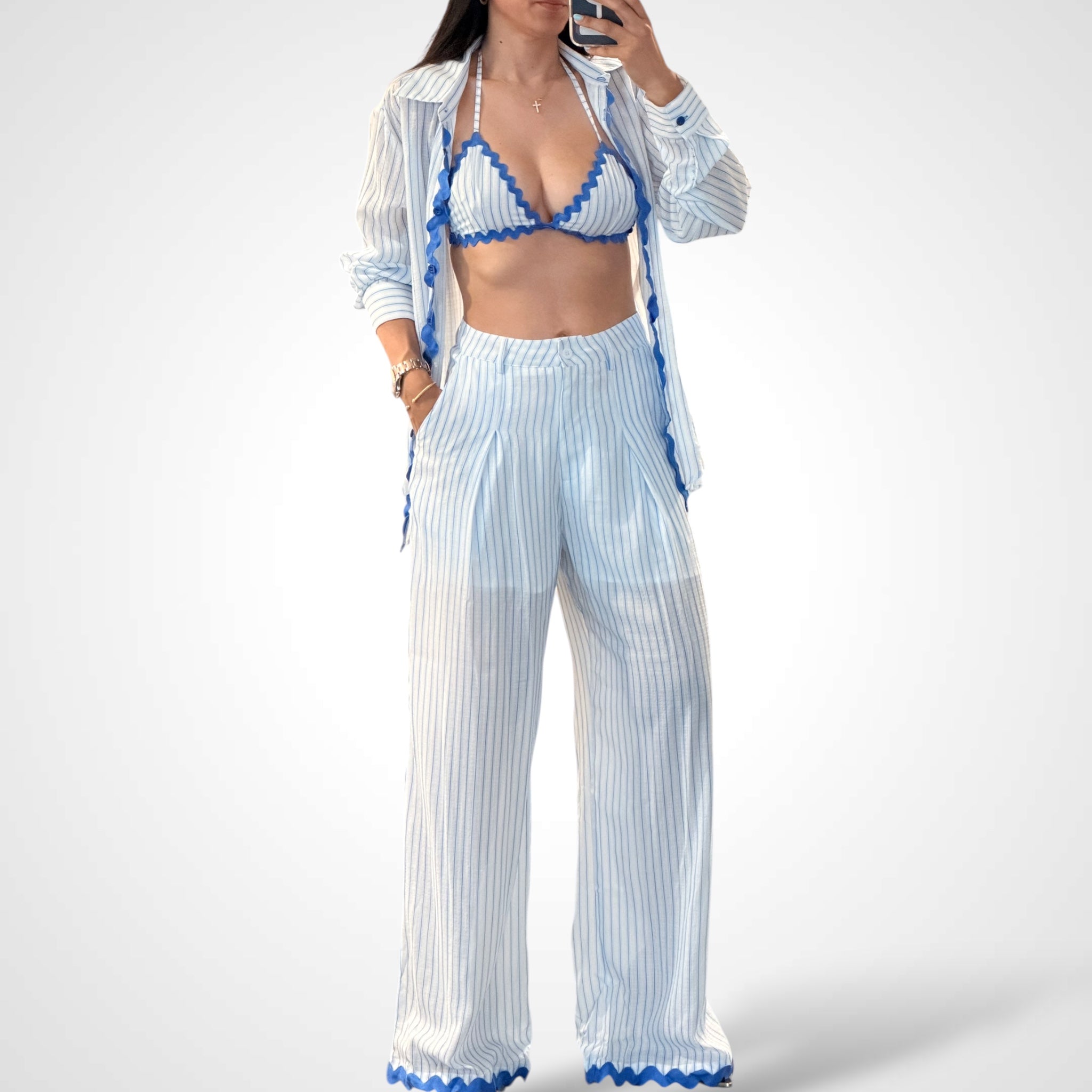 Blue Top W Bralette & Button Closure Pants Stripes Colorblock Set•-1