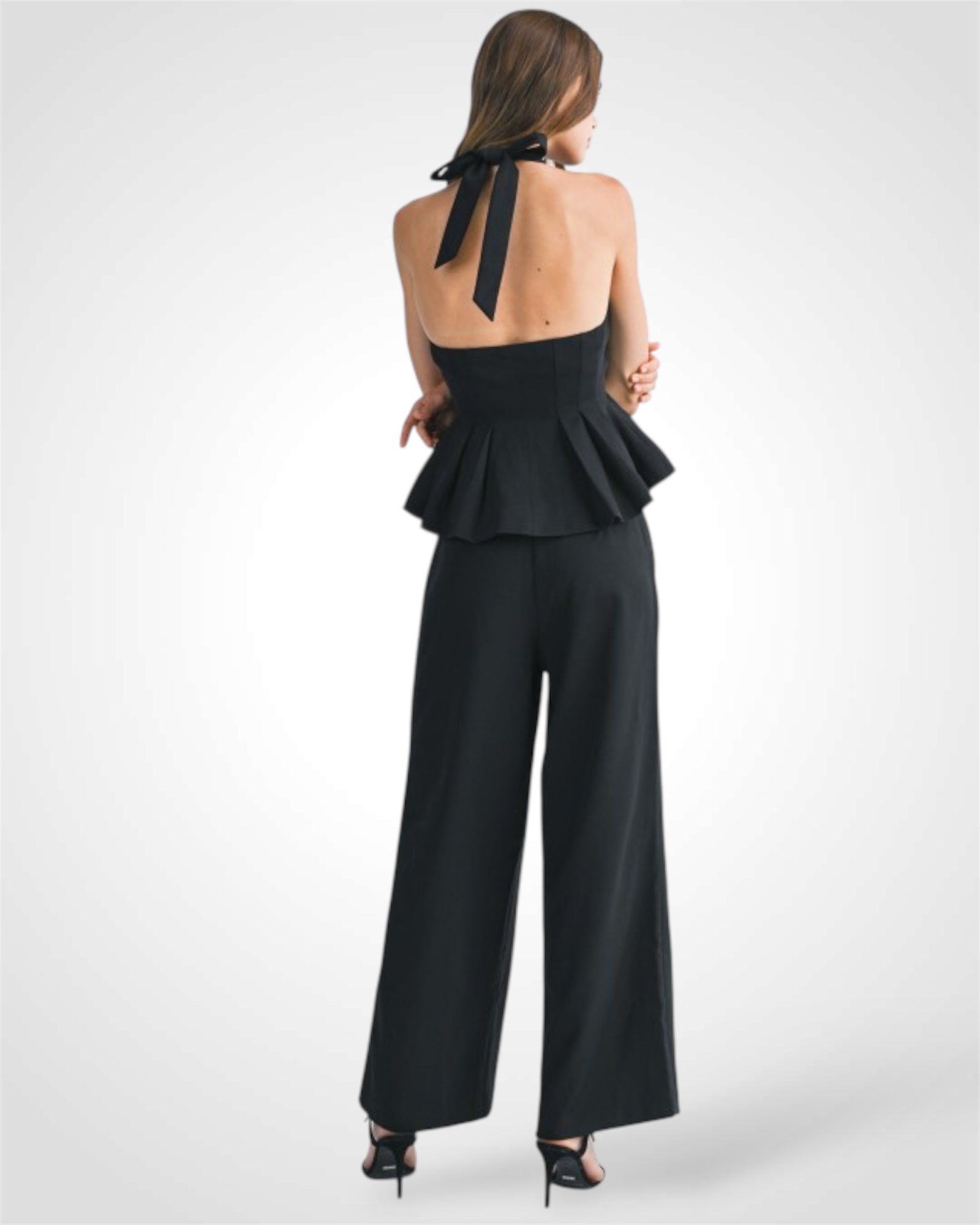 Black Neck Peplum Pants Set•-2