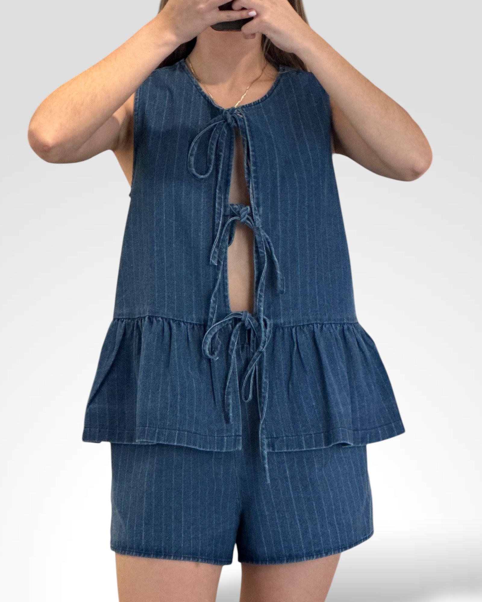 STRIPED DENIM TIE FRONT PEPLUM TOP AND SHORTS