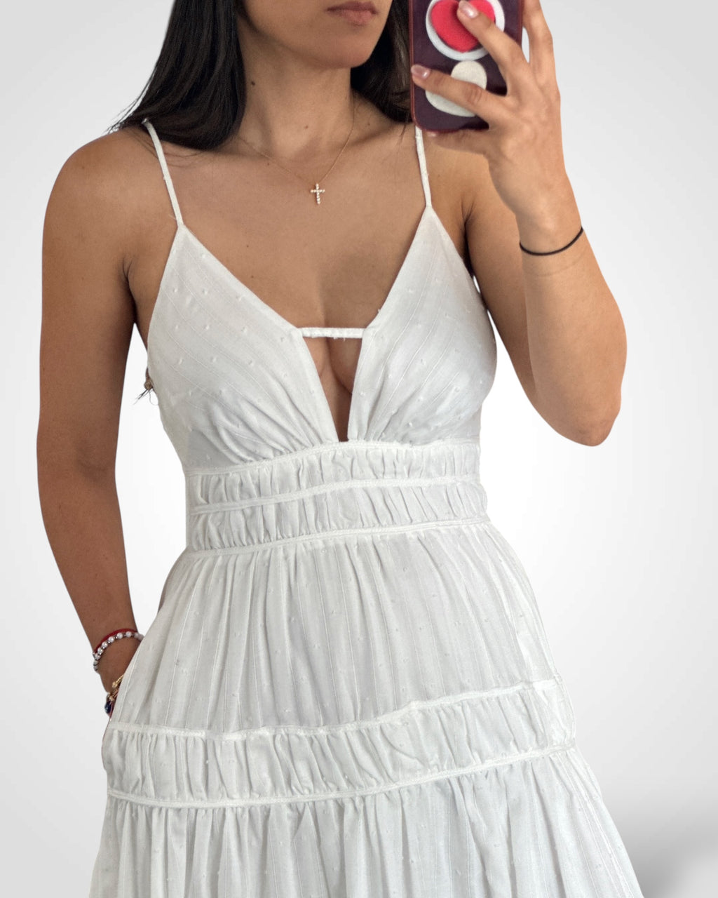 SJQ- V NECK RUCHED WAIST SWISS DOT MAXI DRESS