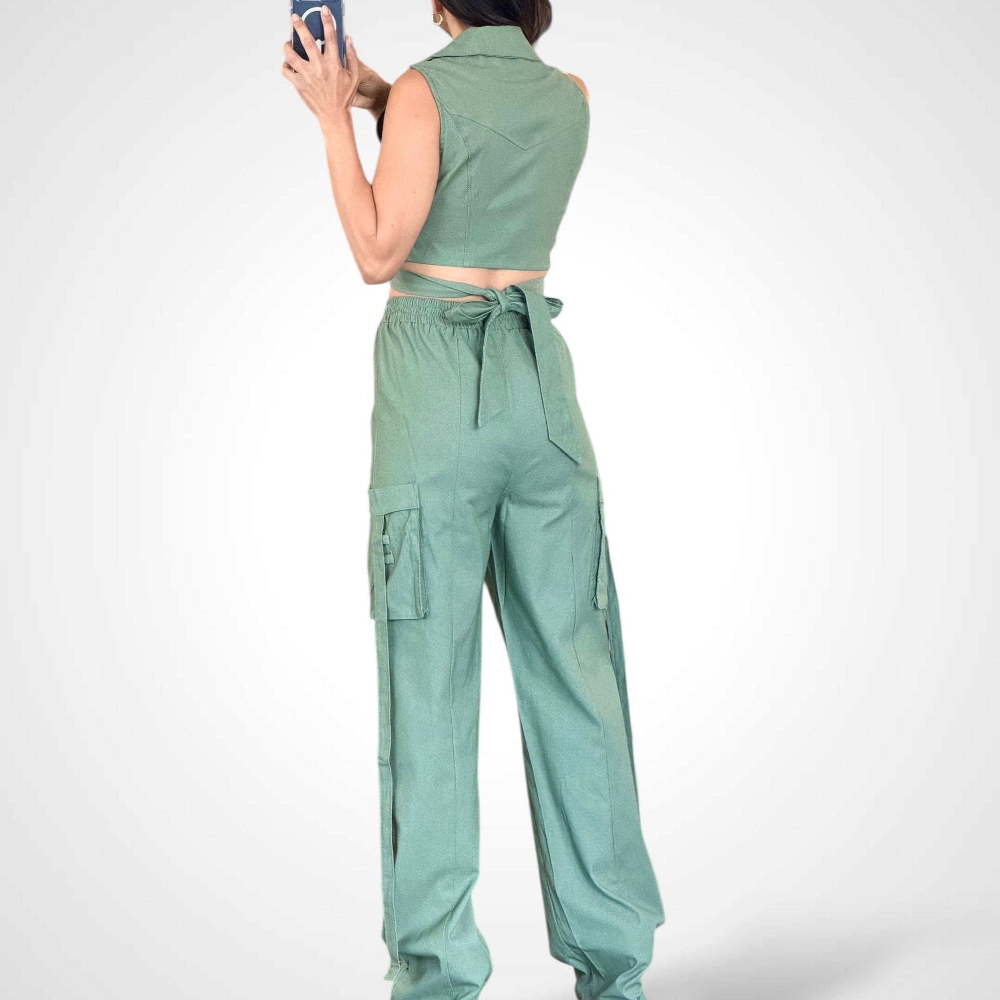 Wrap Crop Top & Elastic Waist Pants Denim 2pc. Set•-3